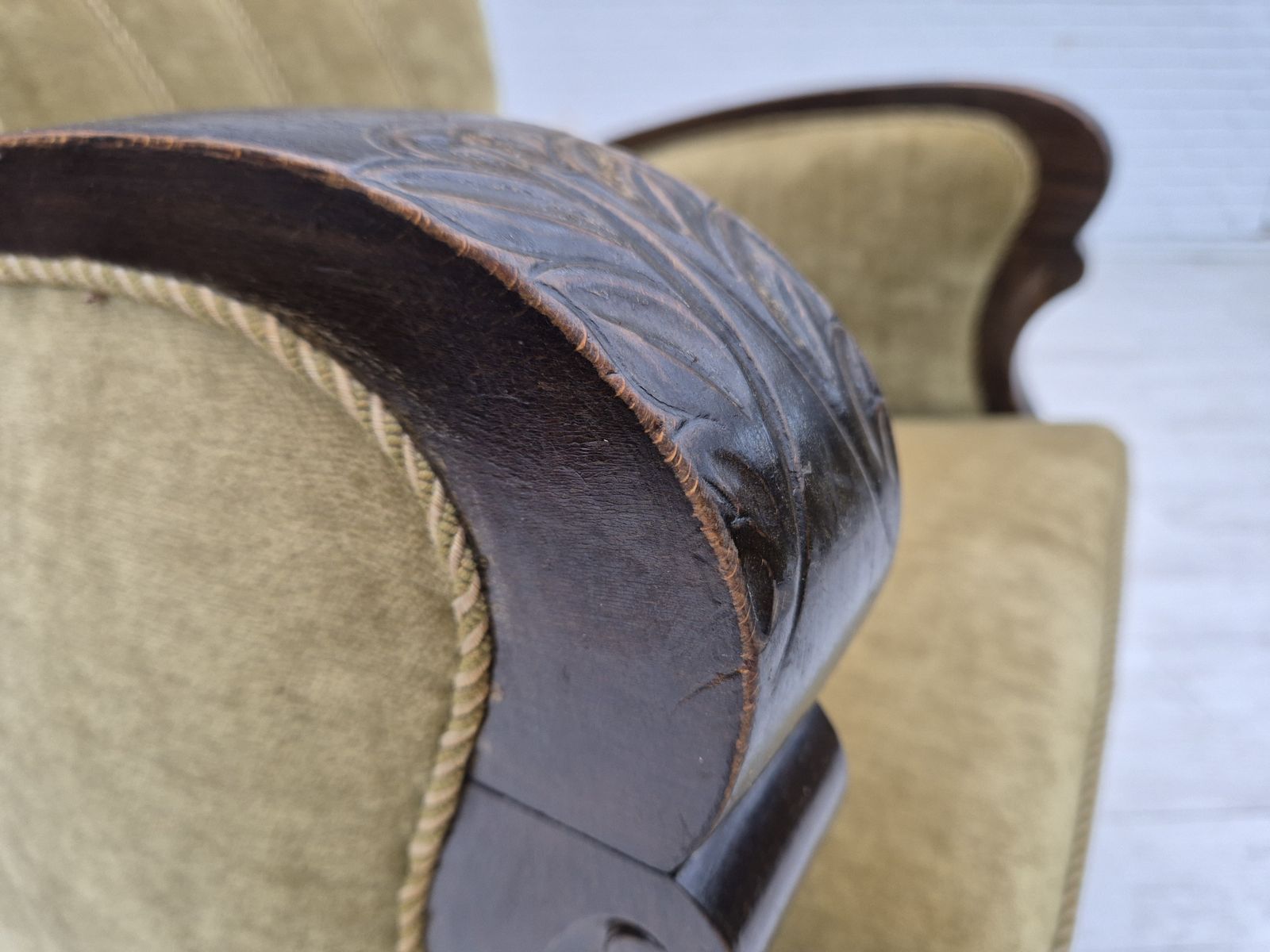 1950s, Danish Relax Armchair, Green Furniture Velour, Beech Wood. photo furniture