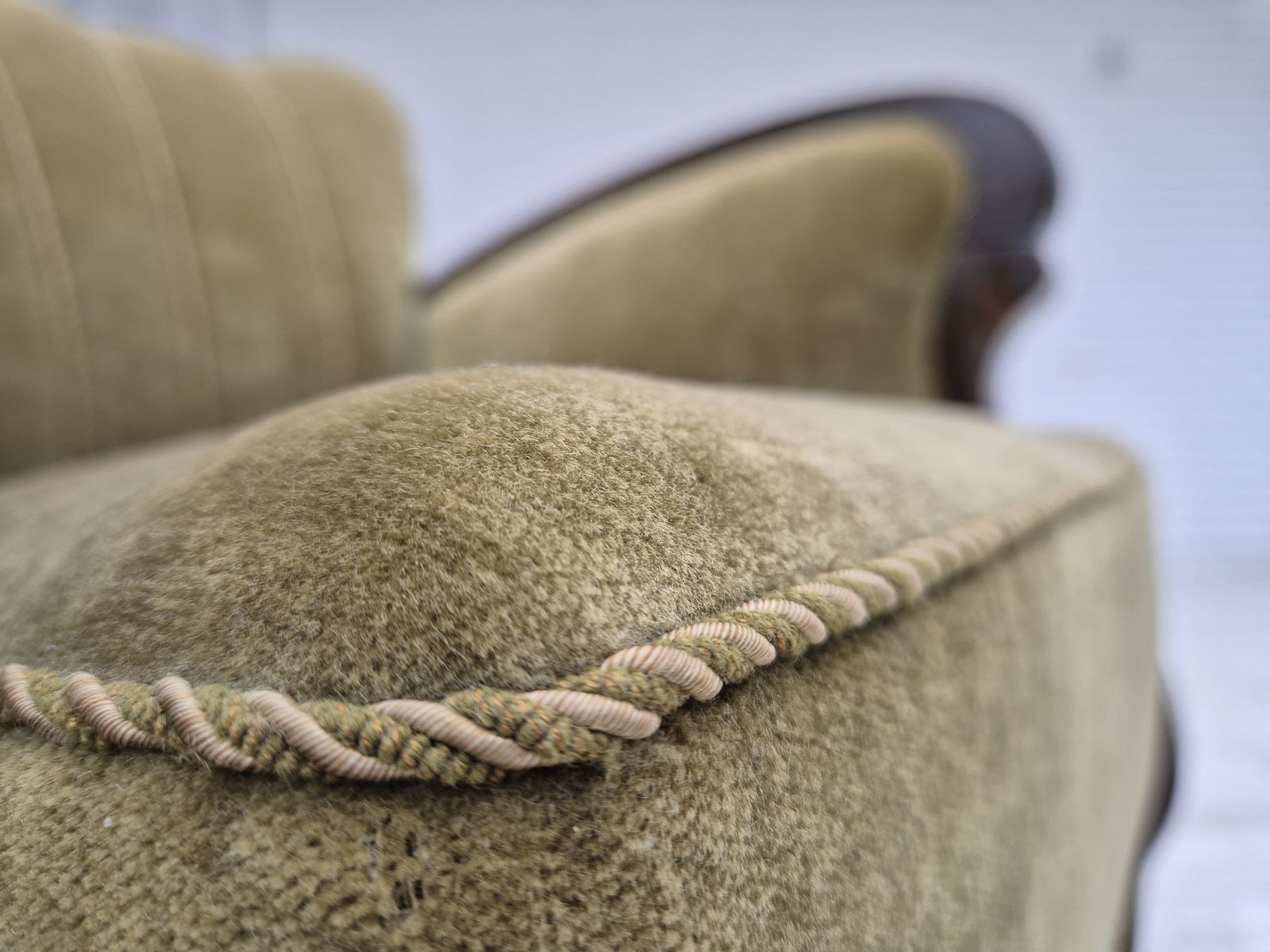1950s, Danish Relax Armchair, Green Furniture Velour, Beech Wood. photo for sale