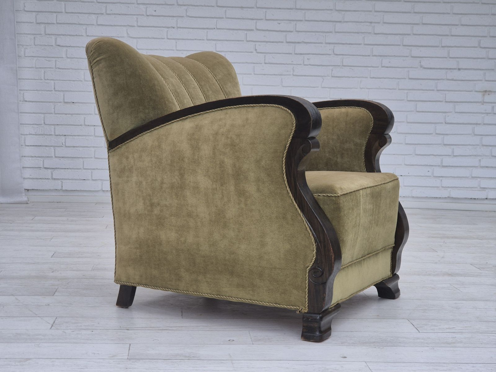 1950s, Danish Relax Armchair, Green Furniture Velour, Beech Wood. photo Furniture