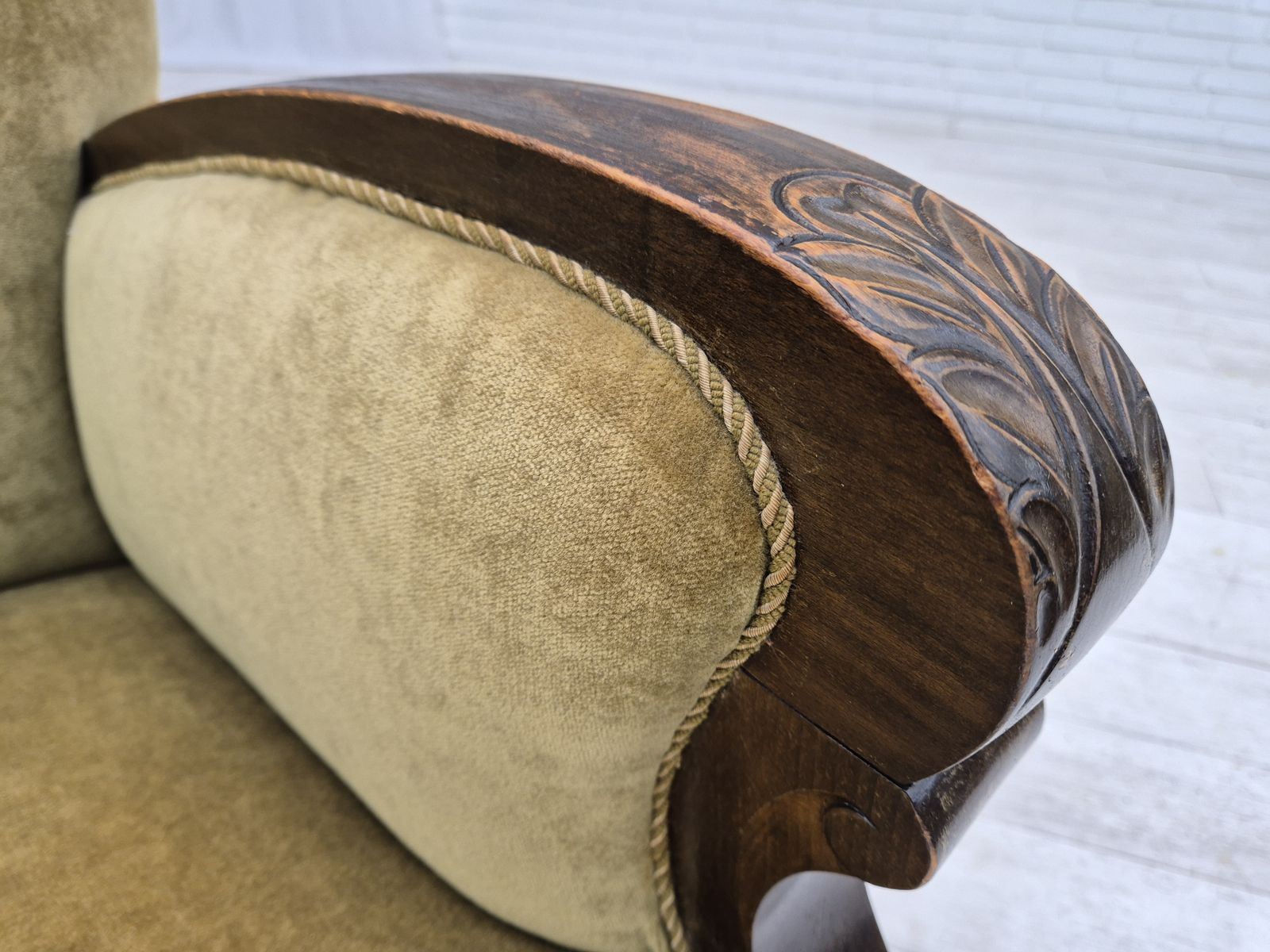 1950s, Danish Relax Armchair, Green Furniture Velour, Beech Wood. photo vinterior
