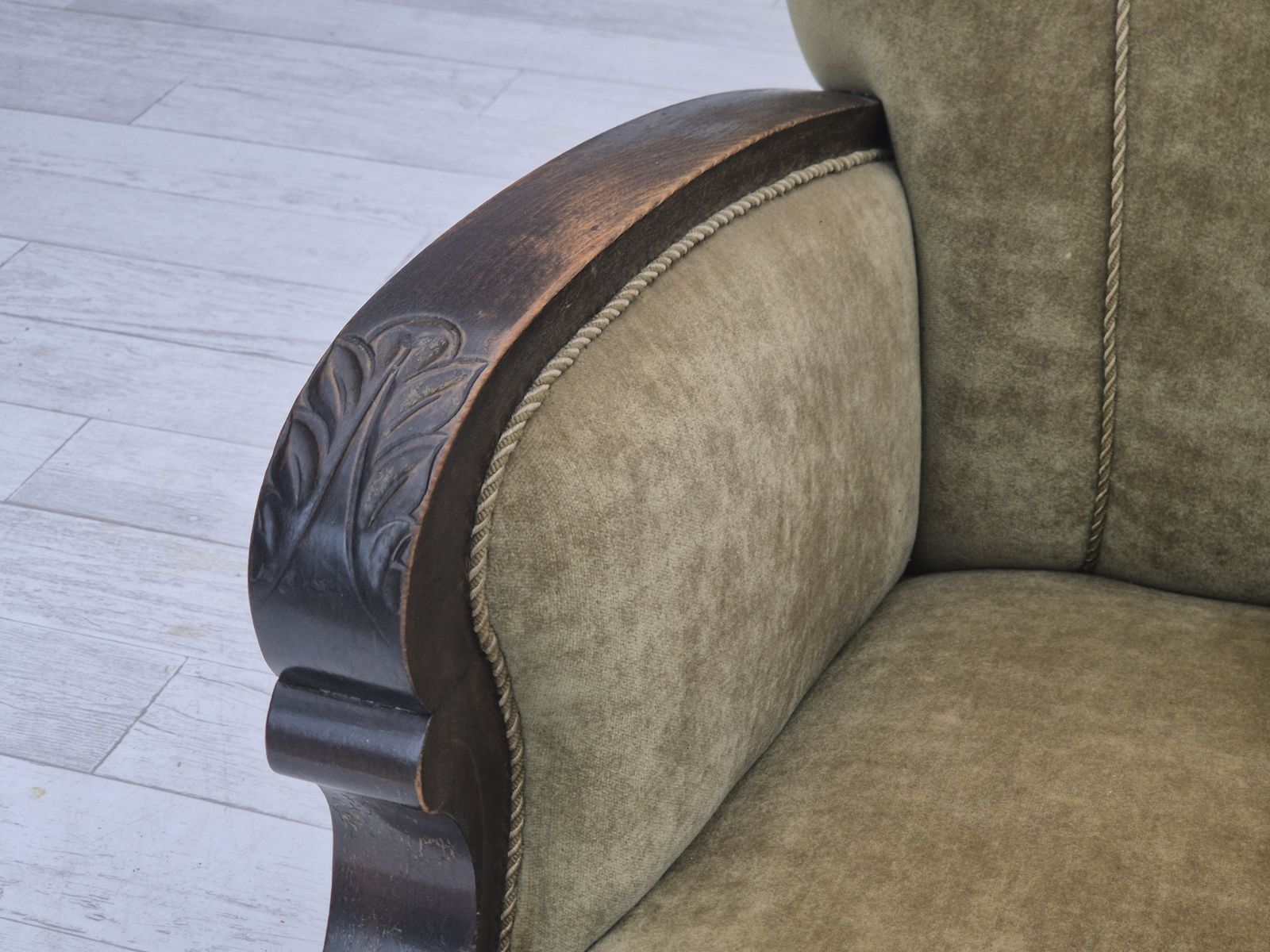 1950s, Danish Relax Armchair, Green Furniture Velour, Beech Wood. photo vintage