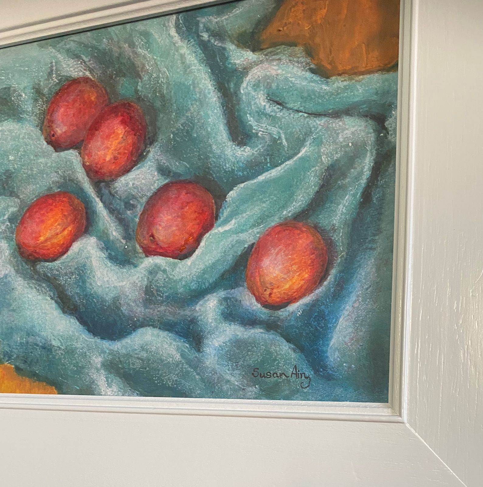 Susan Airy Original Painting Plums On Blue Fabric photo for sale