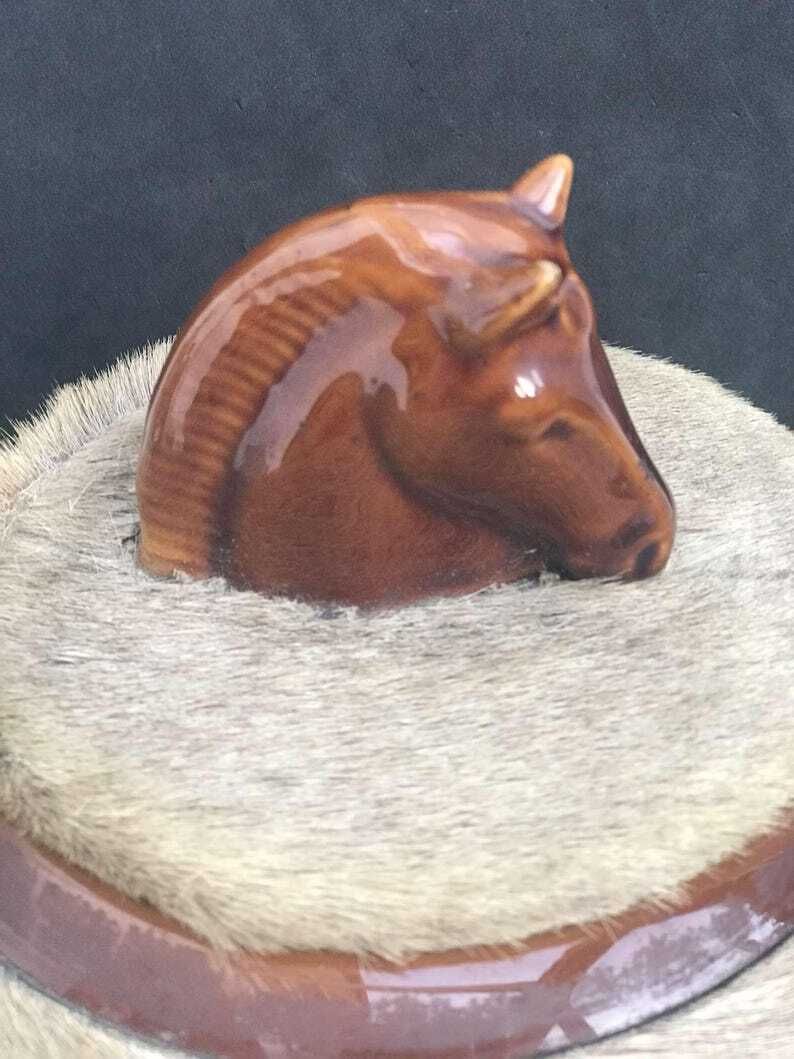 Ceramic Box Longchamp With Lid And Fur, Equestrian Decor Box With Horse Head On Top, Desk Decor Vanity Gift For Man Tobacciana Collection photo for sale