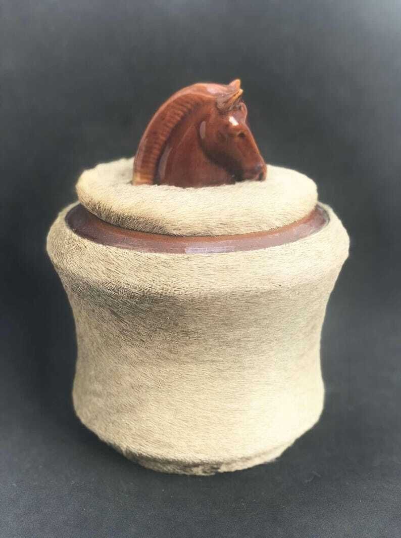 Ceramic Box Longchamp With Lid And Fur, Equestrian Decor Box With Horse Head On Top, Desk Decor Vanity Gift For Man Tobacciana Collection photo 232.0
