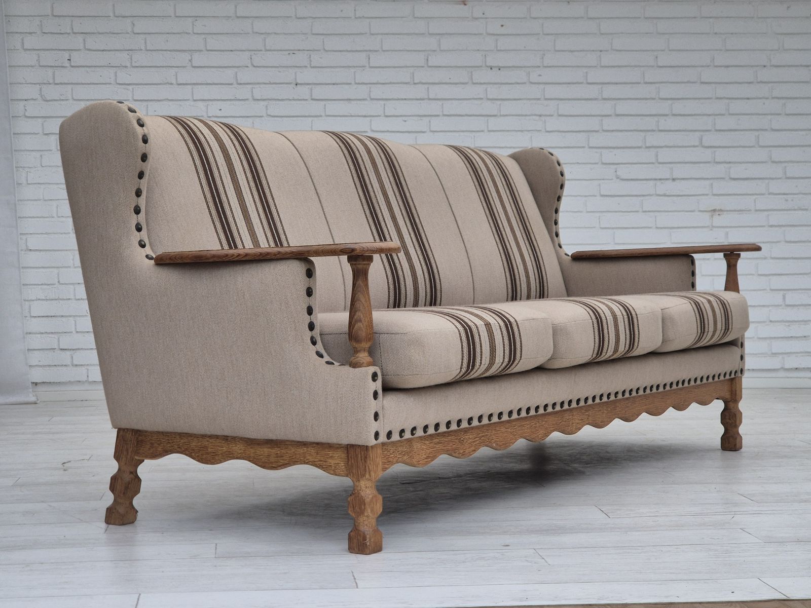 1970s, Danish 3 Seater Sofa, Furniture Wool Fabric, Oak Wood, Original Condition. photo furniture