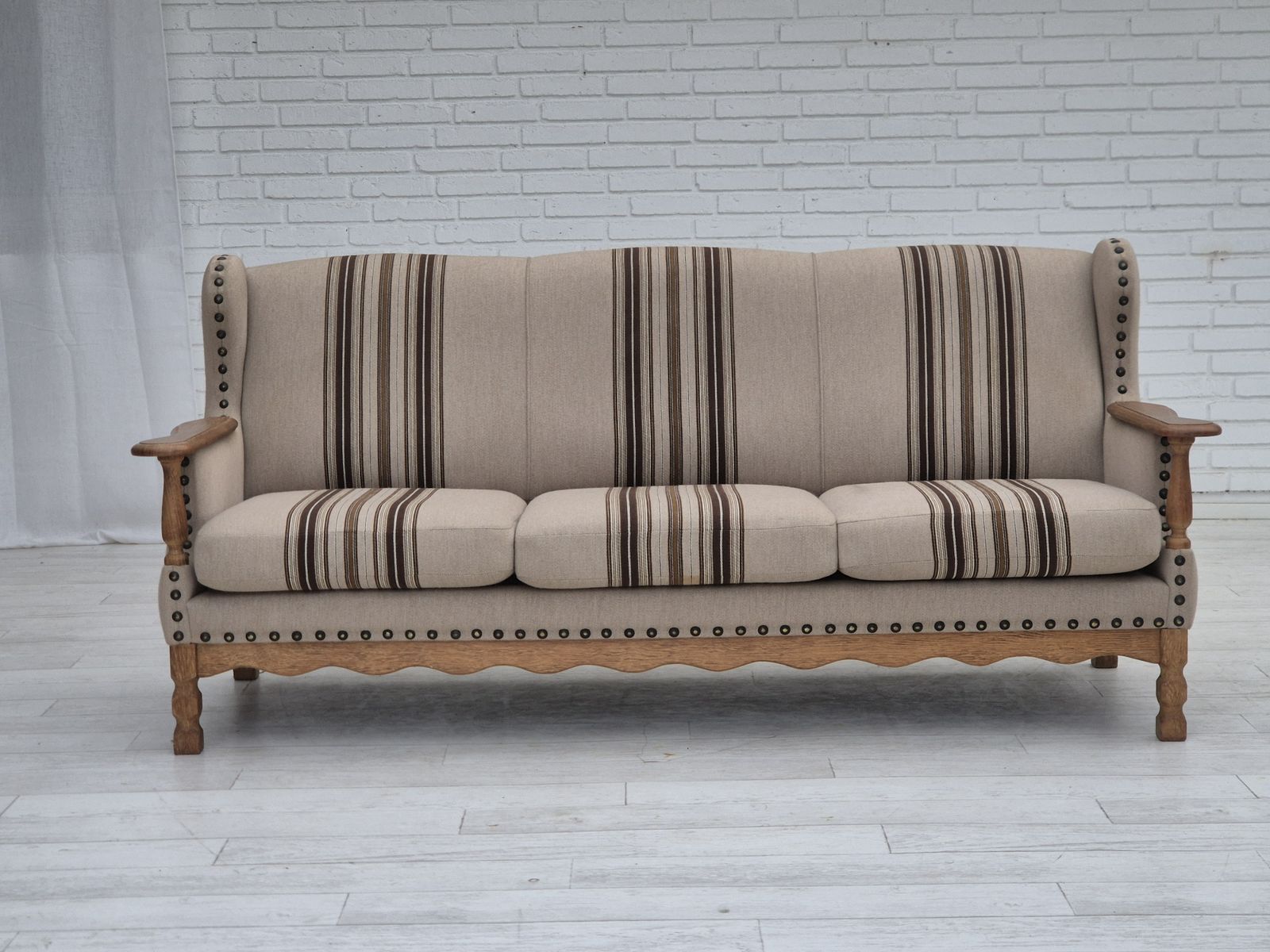 1970s, Danish 3 Seater Sofa, Furniture Wool Fabric, Oak Wood, Original Condition. photo for sale