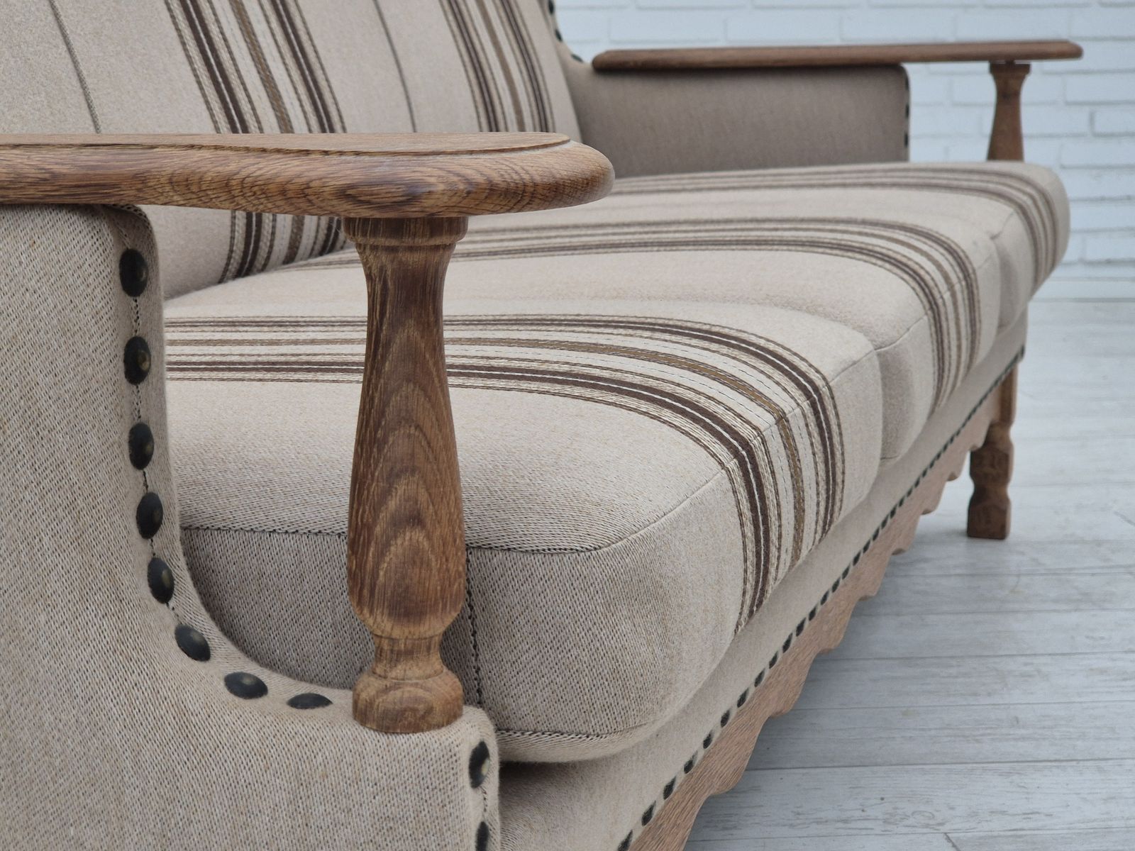 1850.0 1970s, Danish 3 Seater Sofa, Furniture Wool Fabric, Oak Wood, Original Condition. photo