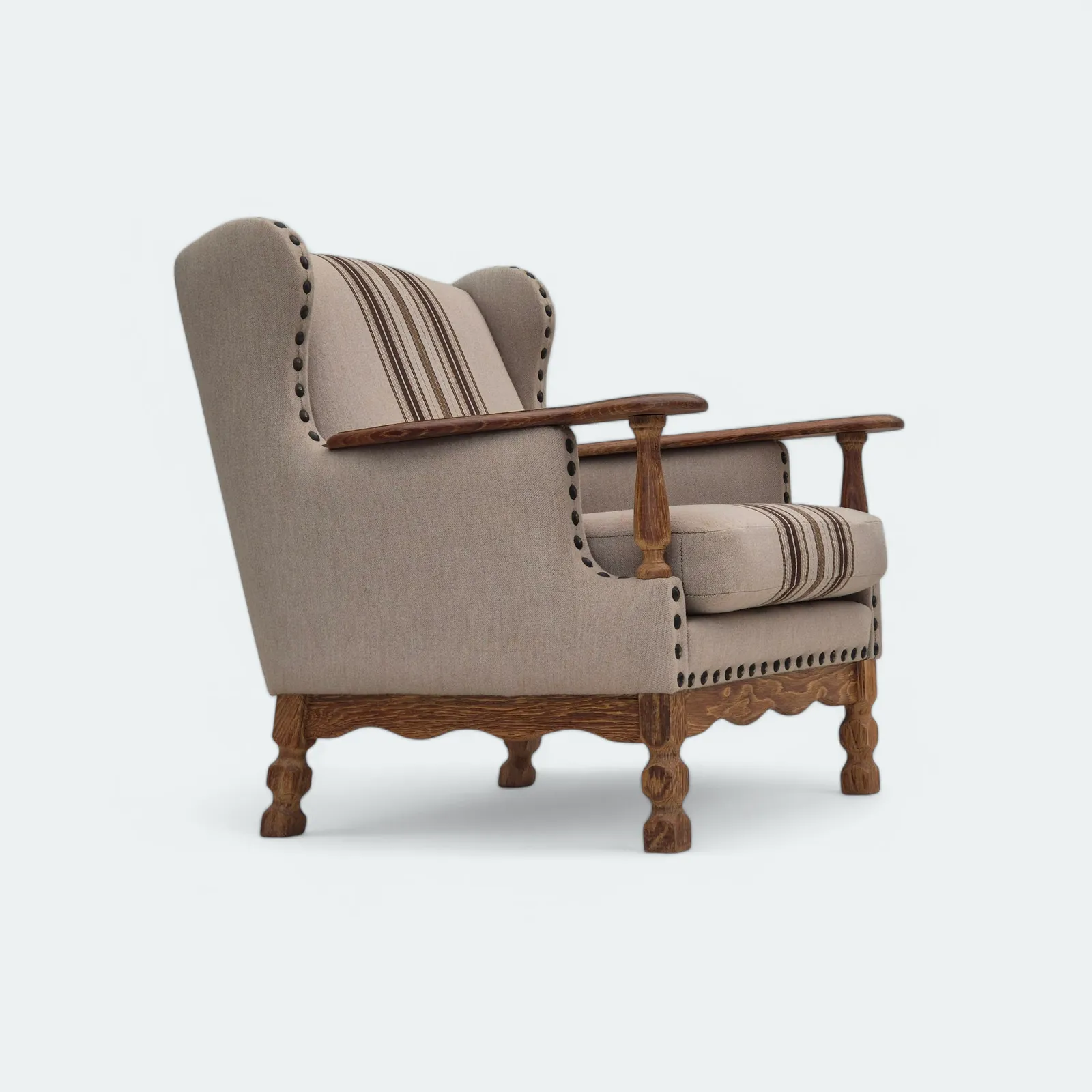 1970s, Danish Armchair, Furniture Wool Fabric, Oak Wood, Original Condition.