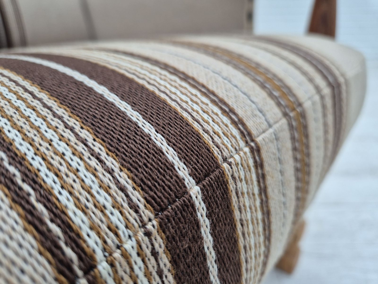 1970s, Danish Armchair, Furniture Wool Fabric, Oak Wood, Original Condition. photo furniture