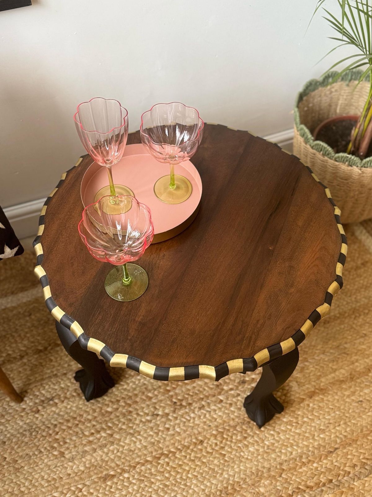 Black And Gold Striped Vintage Coffee Table, Ball And Claw Feet, Wine Table, Side Table photo for sale