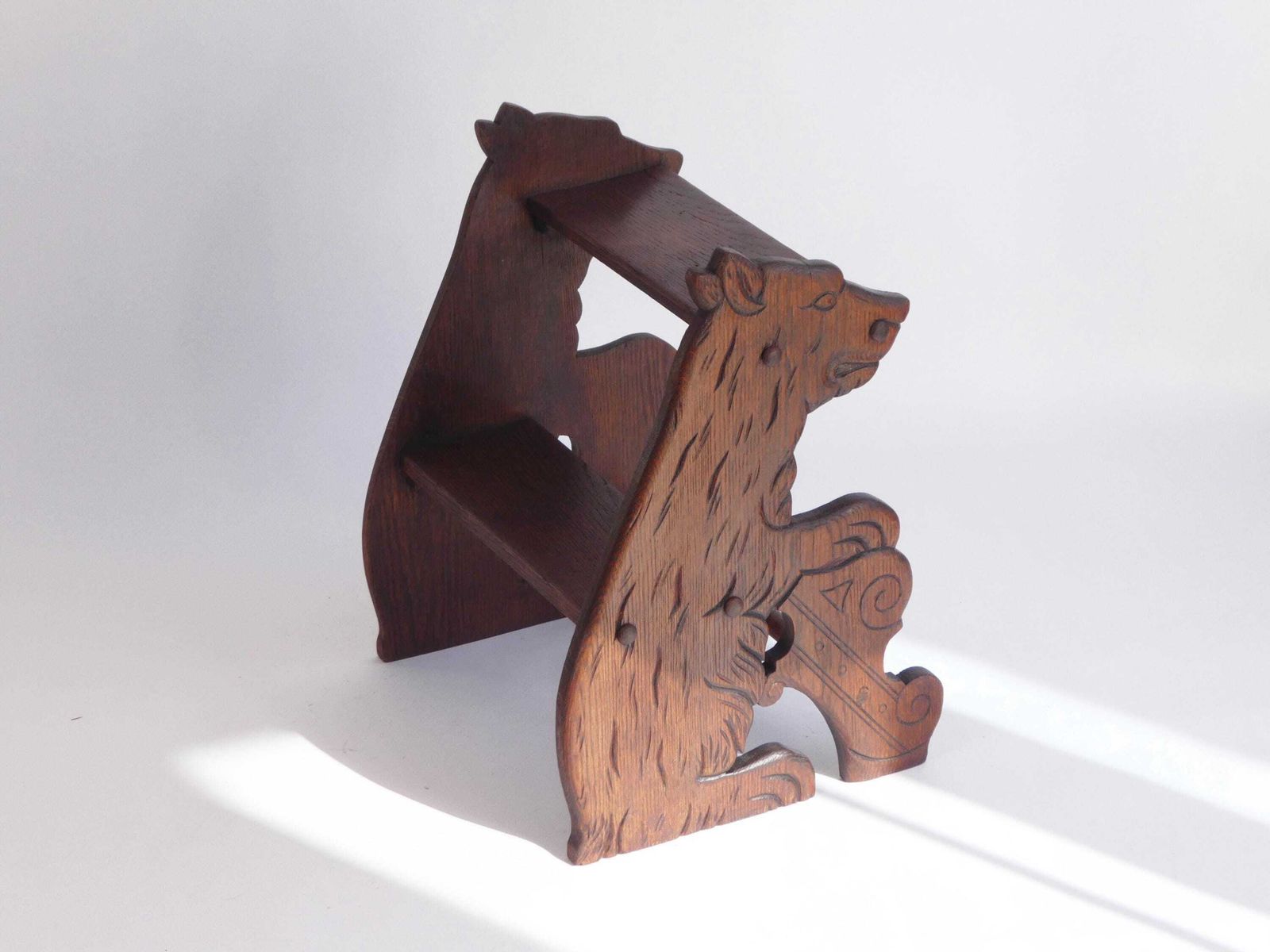 photo furniture Antique Wooden Carved Victorian Library Stairs With Bear Figure, 1900's Bookcase Ladder, Rare Collectors Small Furniture, Bed Stool