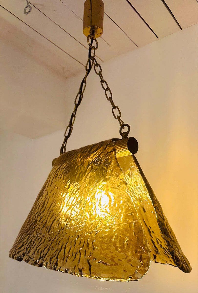 1960s Vintage Carlo Nason For Mazzega Polished Ribbed Brass And Murano Glass Hanging Ceiling Light photo Lighting