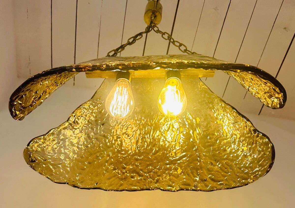 Lighting 1960s Vintage Carlo Nason For Mazzega Polished Ribbed Brass And Murano Glass Hanging Ceiling Light photo