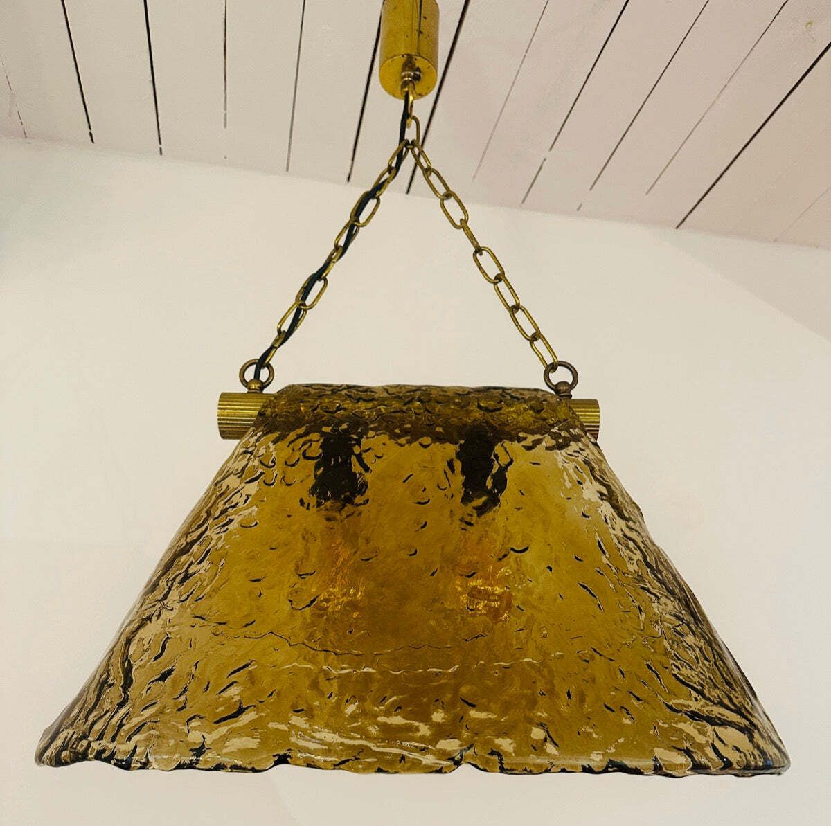 photo buy 1960s Vintage Carlo Nason For Mazzega Polished Ribbed Brass And Murano Glass Hanging Ceiling Light