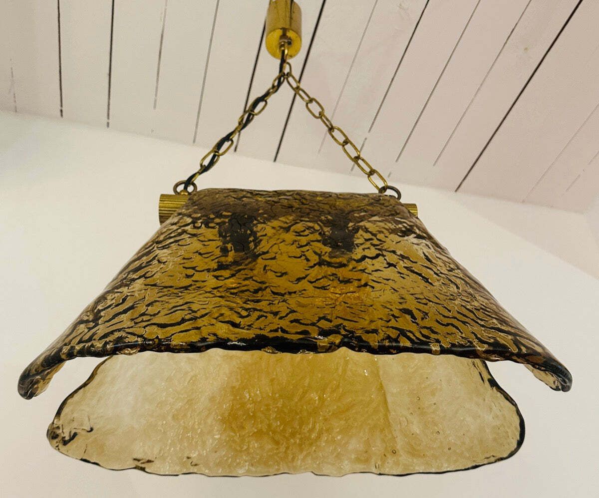 photo vintage 1960s Vintage Carlo Nason For Mazzega Polished Ribbed Brass And Murano Glass Hanging Ceiling Light