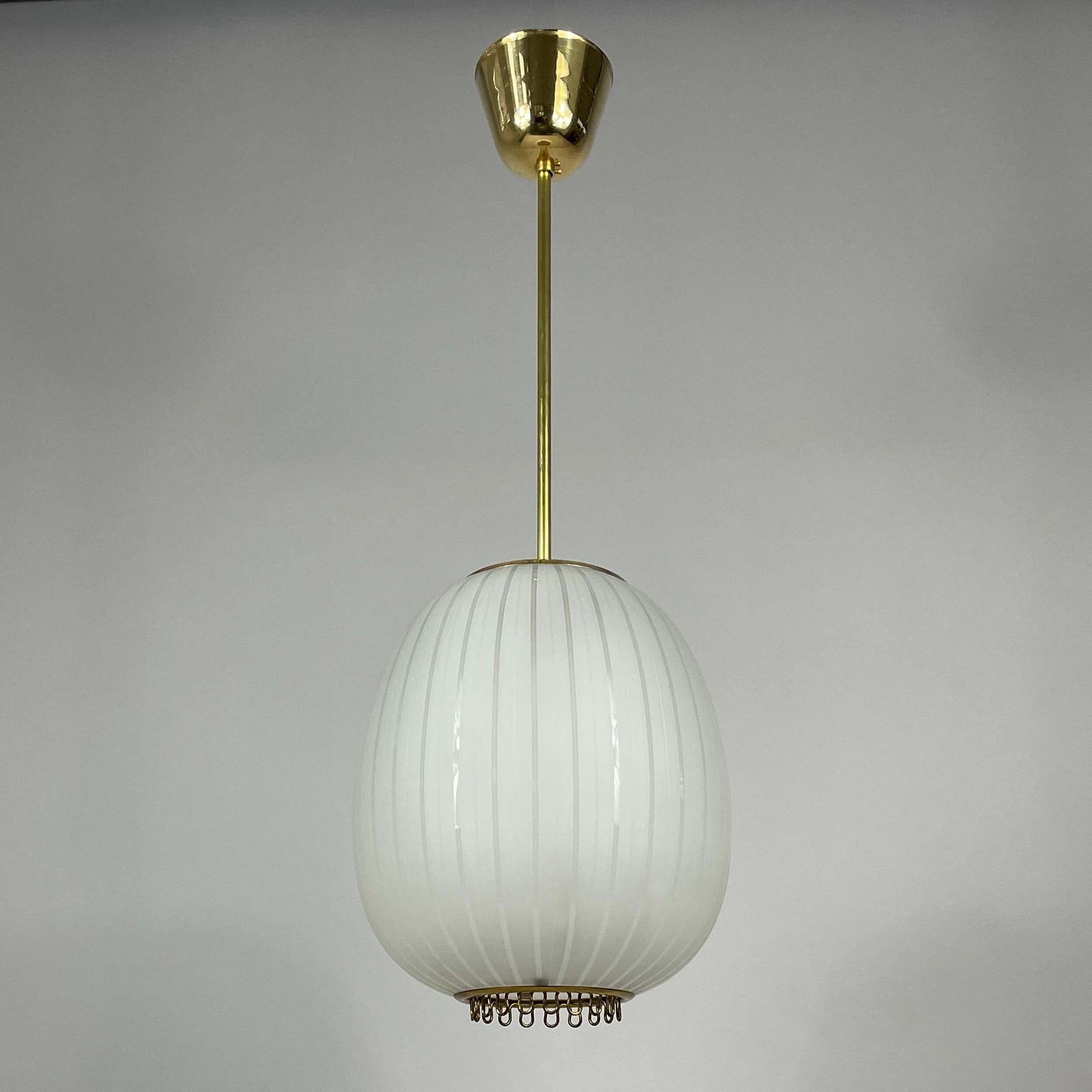 Striped Frosted Glass & Brass Pendant, Orrefors Sweden 1950s photo furniture