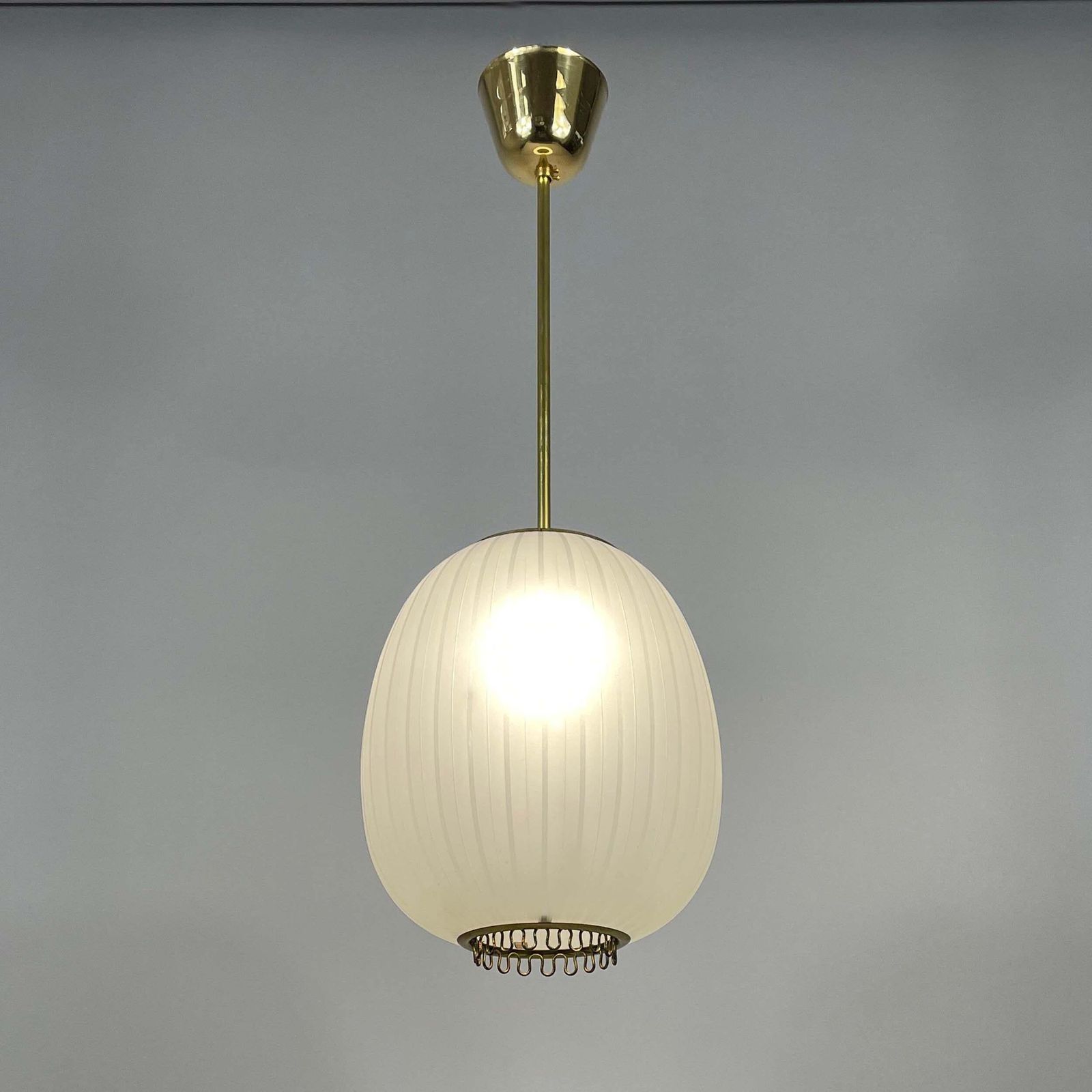 Striped Frosted Glass & Brass Pendant, Orrefors Sweden 1950s photo for sale