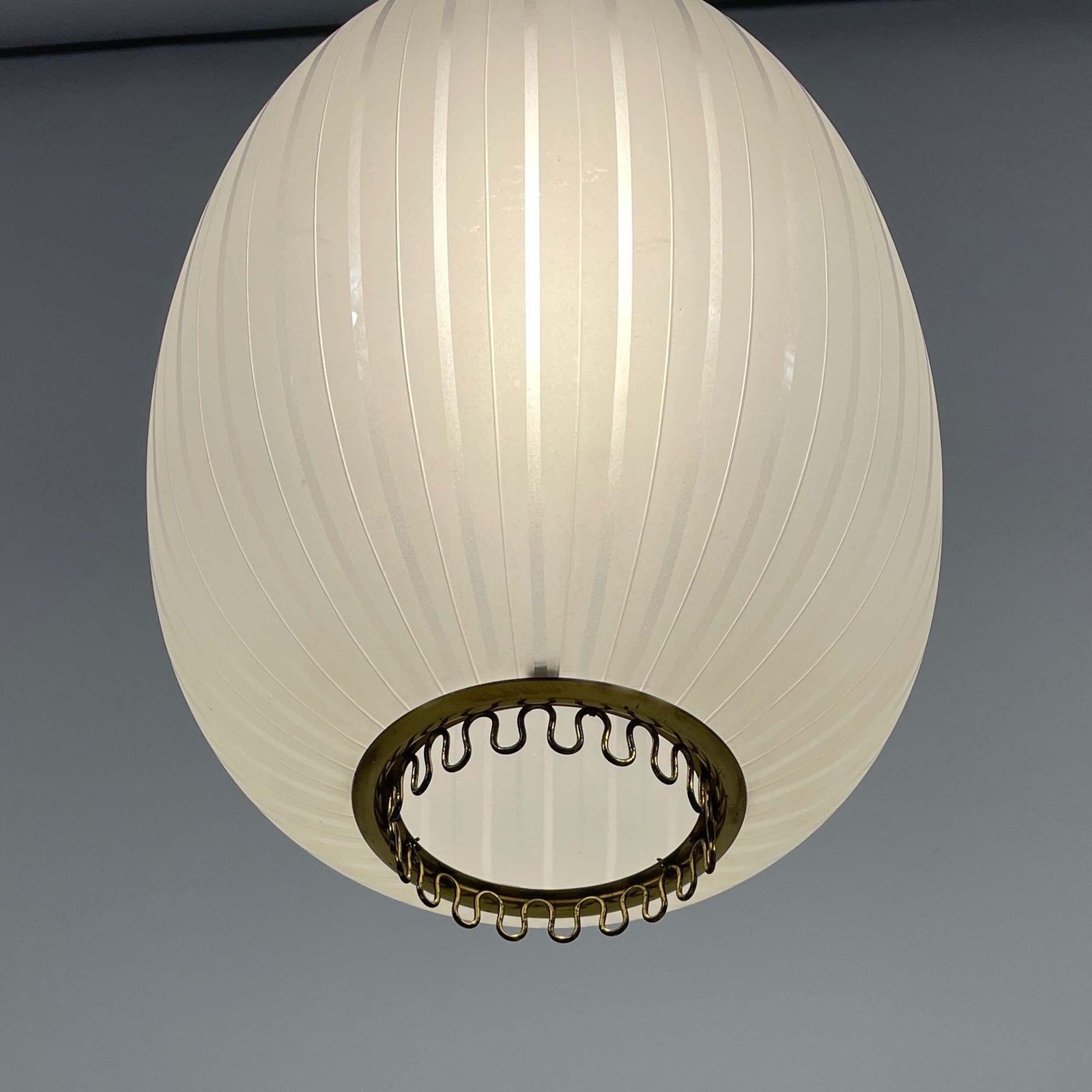 Lighting Striped Frosted Glass & Brass Pendant, Orrefors Sweden 1950s photo