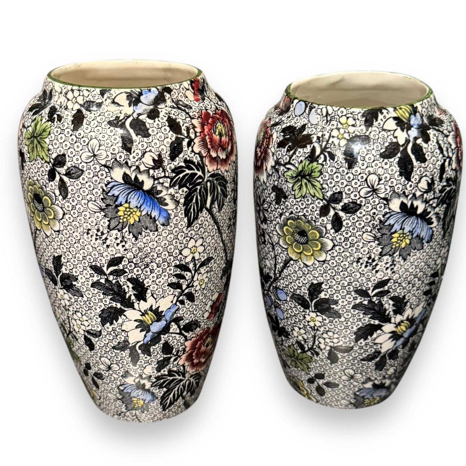 Pair Of Antique Dean's Burslem Ye Olde Dresden Black Chintz Vases