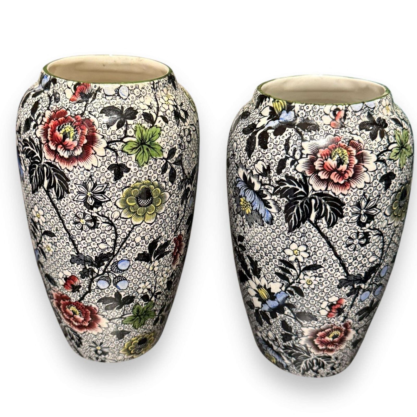 Pair Of Antique Dean's Burslem Ye Olde Dresden Black Chintz Vases photo for sale
