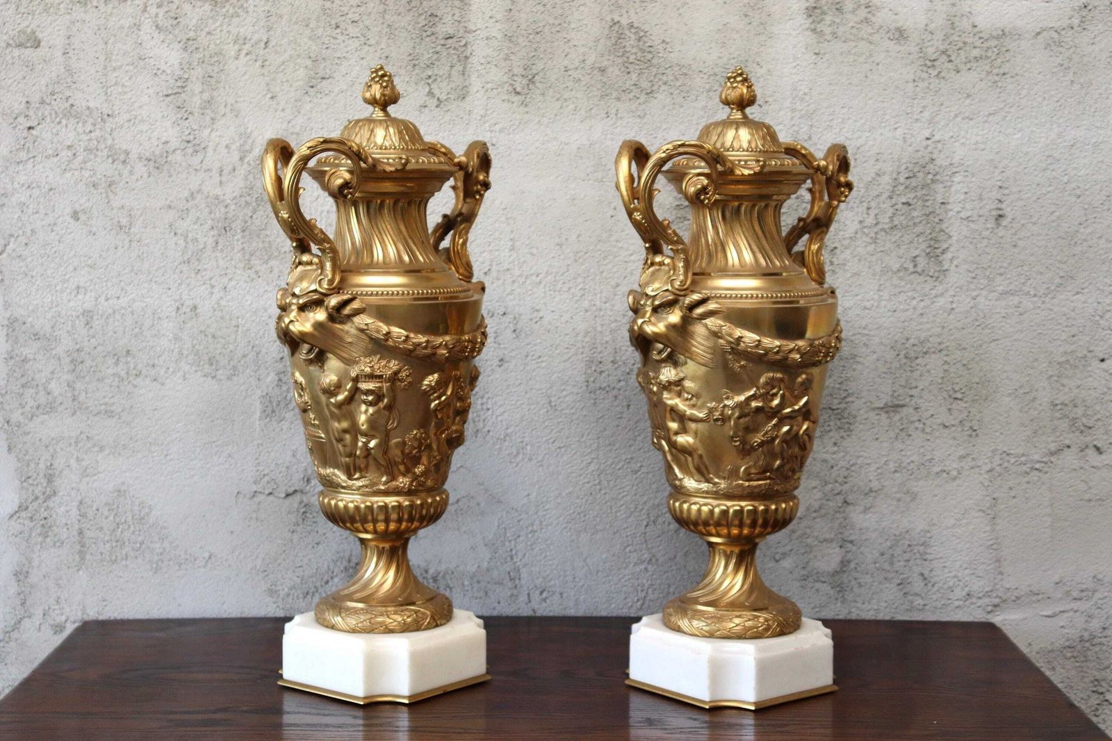 Antique Set Of Two 19th Century Ormolu Bronze Cassolette Vases After French Sculptor Clodion (St.232) photo furniture