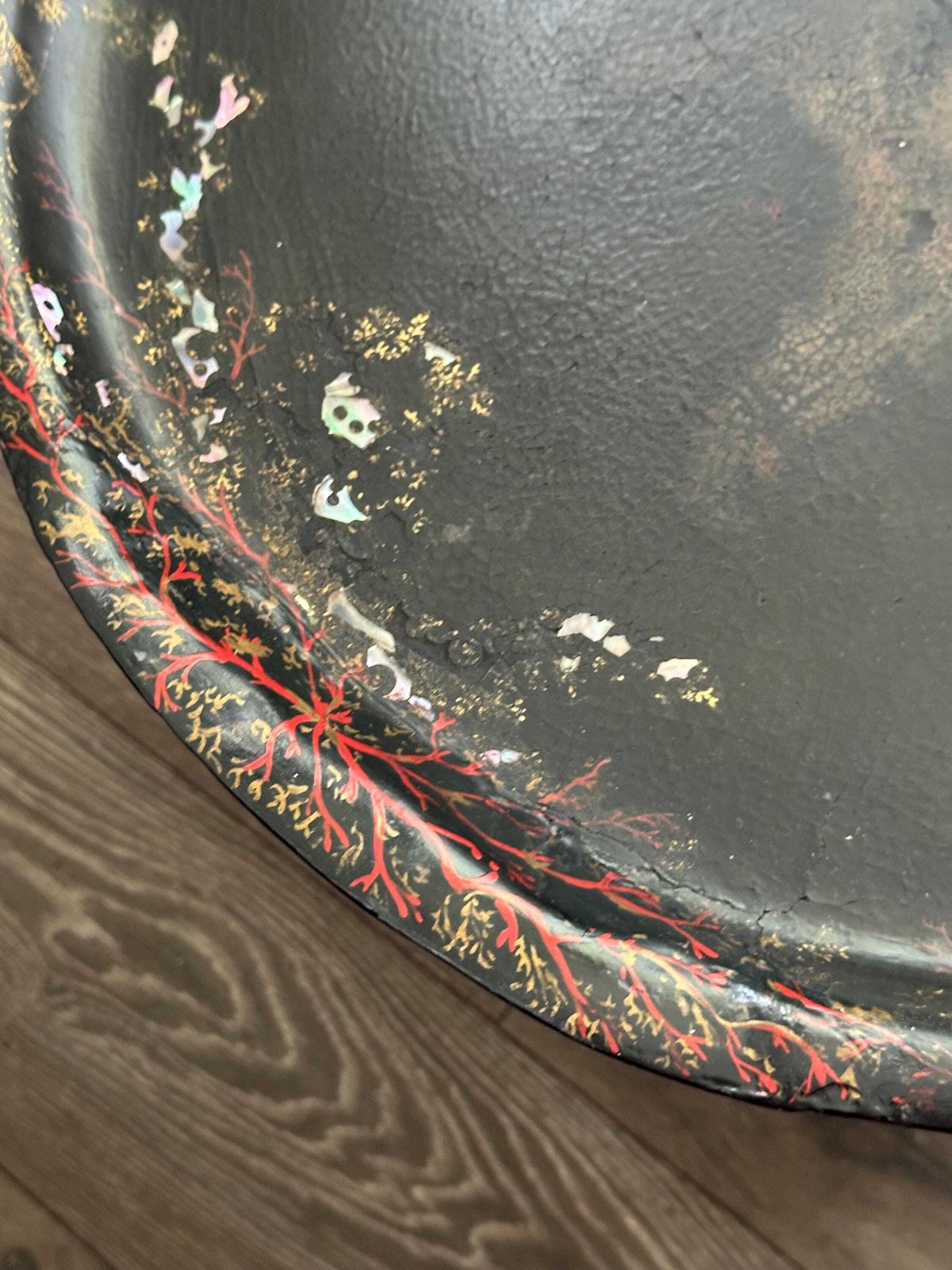 Antique Victorian Papier Mache Tray On Stand With Mother Of Pearl Inlay photo buy