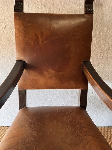 Furniture Large Antique Arts & Crafts Solid Oak Antique Tan Leather King Throne Arm Chair photo