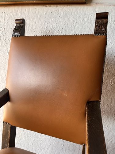 Large Antique Arts & Crafts Solid Oak Antique Tan Leather Queen Throne Arm Chair photo vinterior