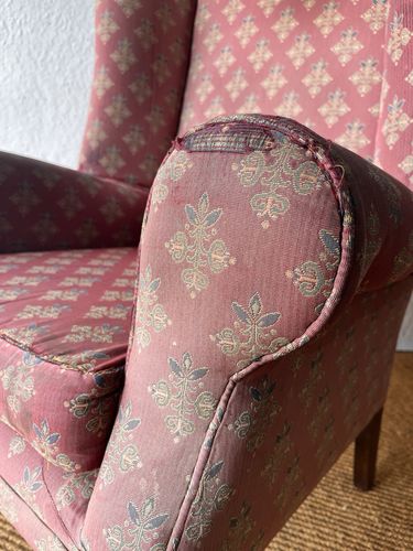 234.0 Large Comfortable Antique Wingback Chair With Clean Grey Coloured Loose Covers photo