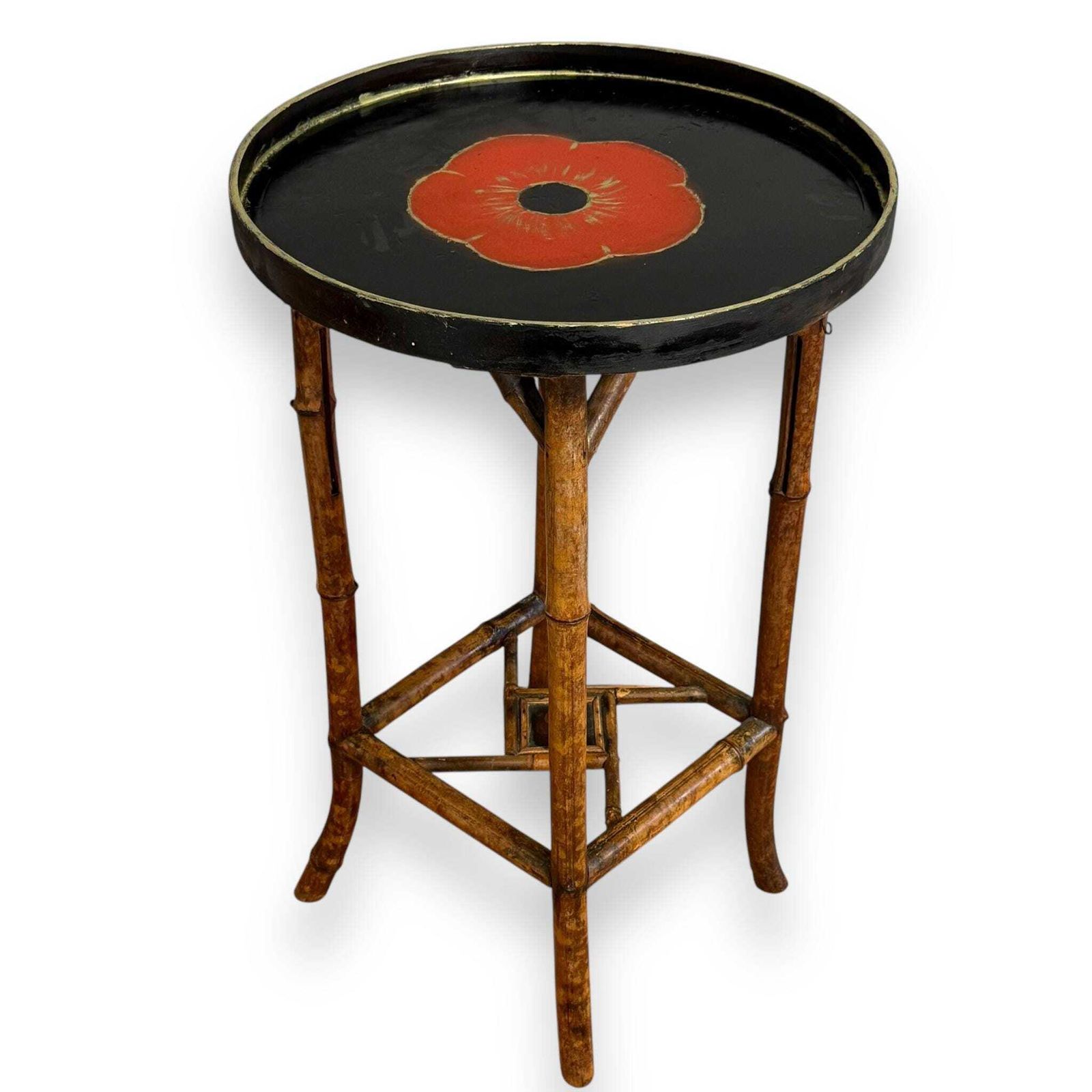 Antique Late 19th Century Bamboo Side Table – Aesthetic Movement With Hand Painted Poppy Top