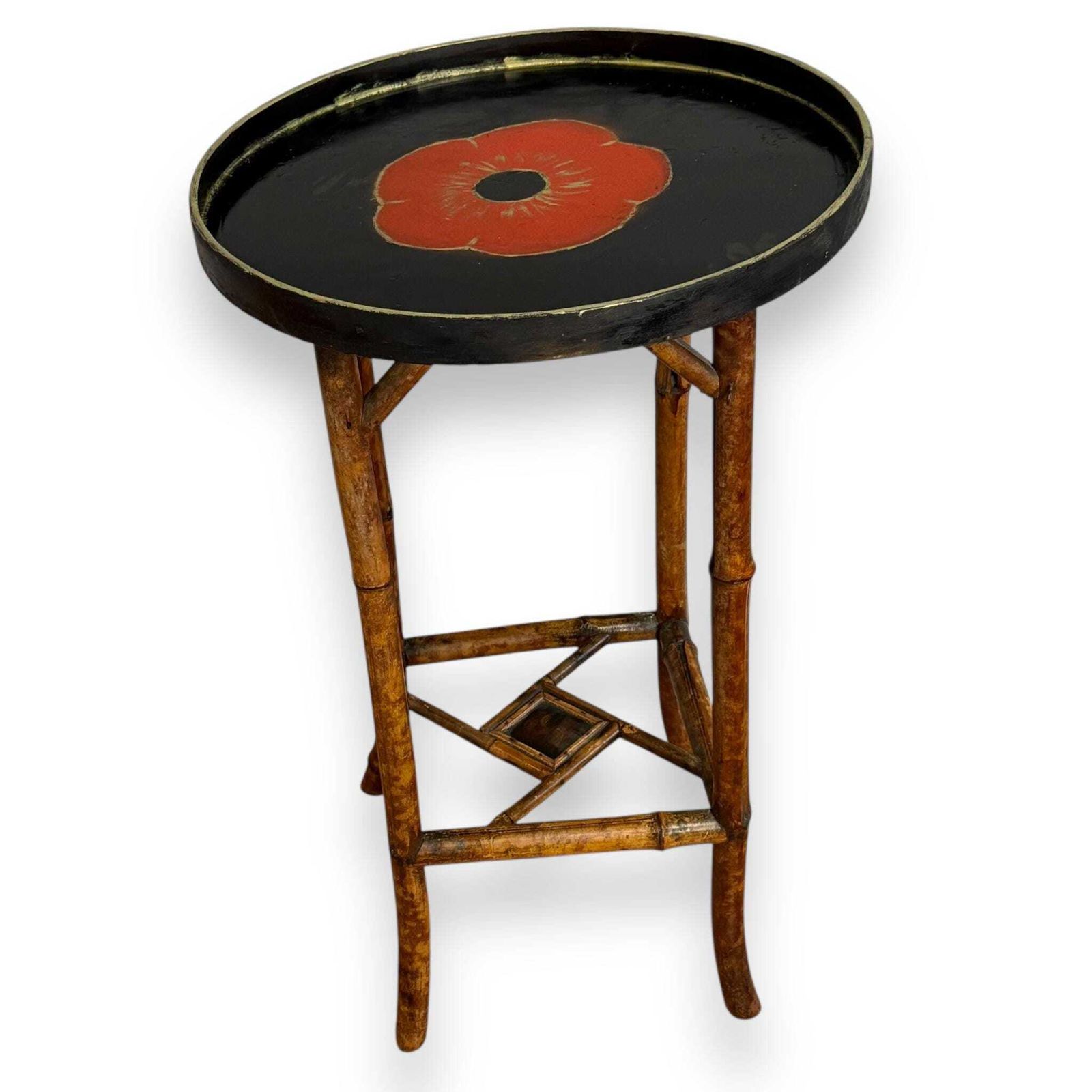 Antique Late 19th Century Bamboo Side Table – Aesthetic Movement With Hand Painted Poppy Top photo for sale