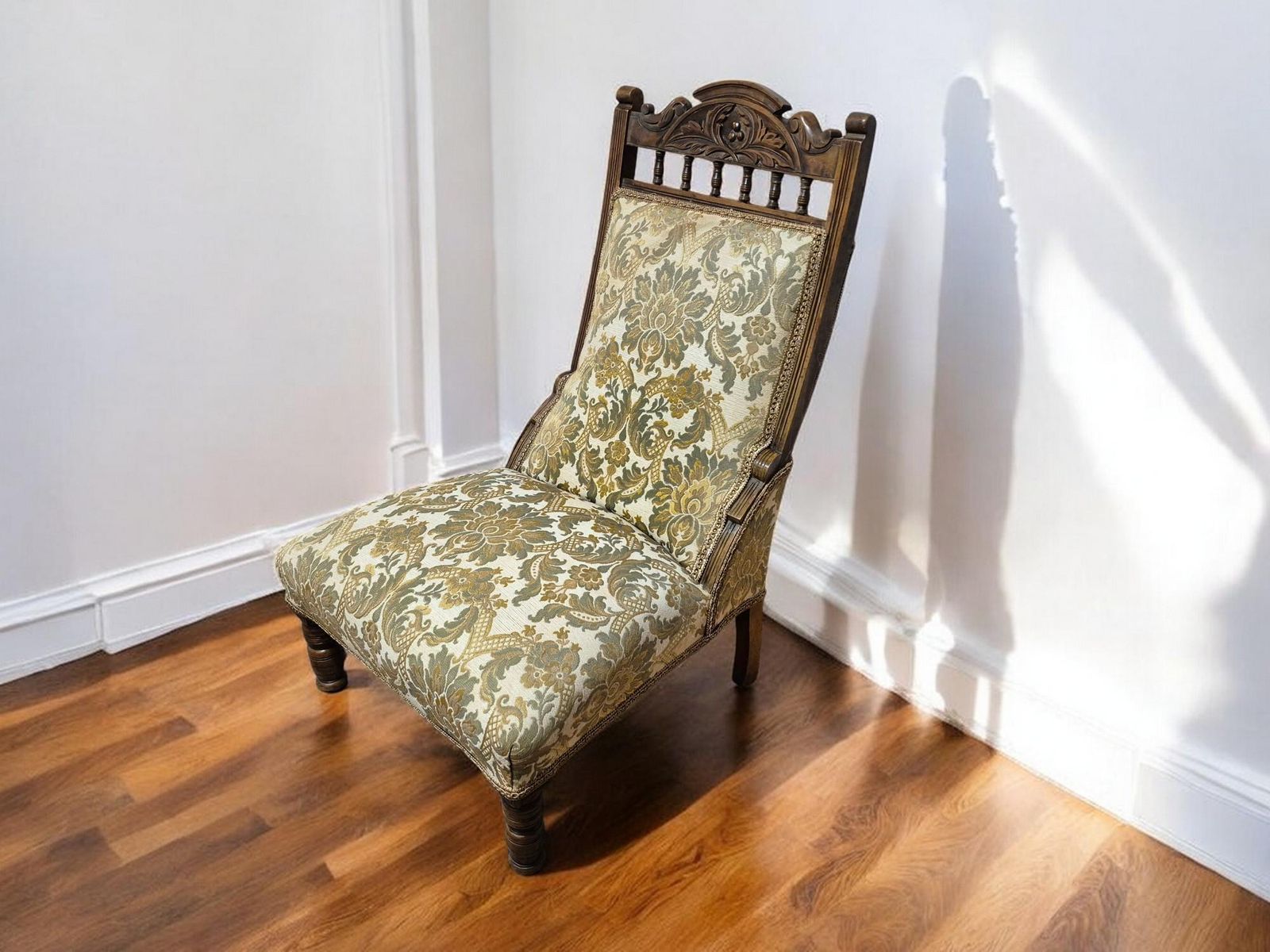 Antique Victorian Upholstered Bedroom/ Lounge / Nursing Low Chair Carved Walnut Wood photo for sale