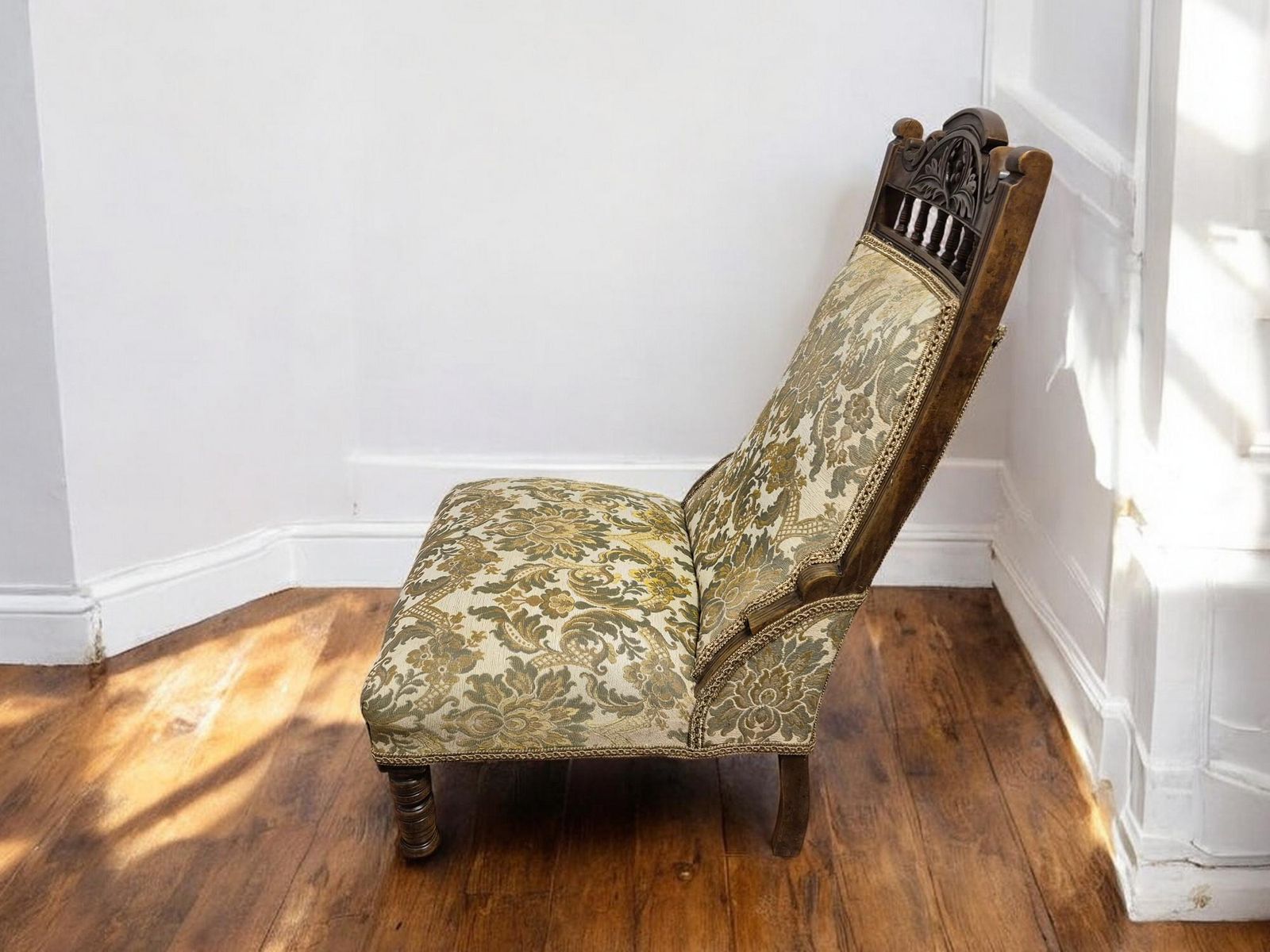 photo furniture Antique Victorian Upholstered Bedroom/ Lounge / Nursing Low Chair Carved Walnut Wood