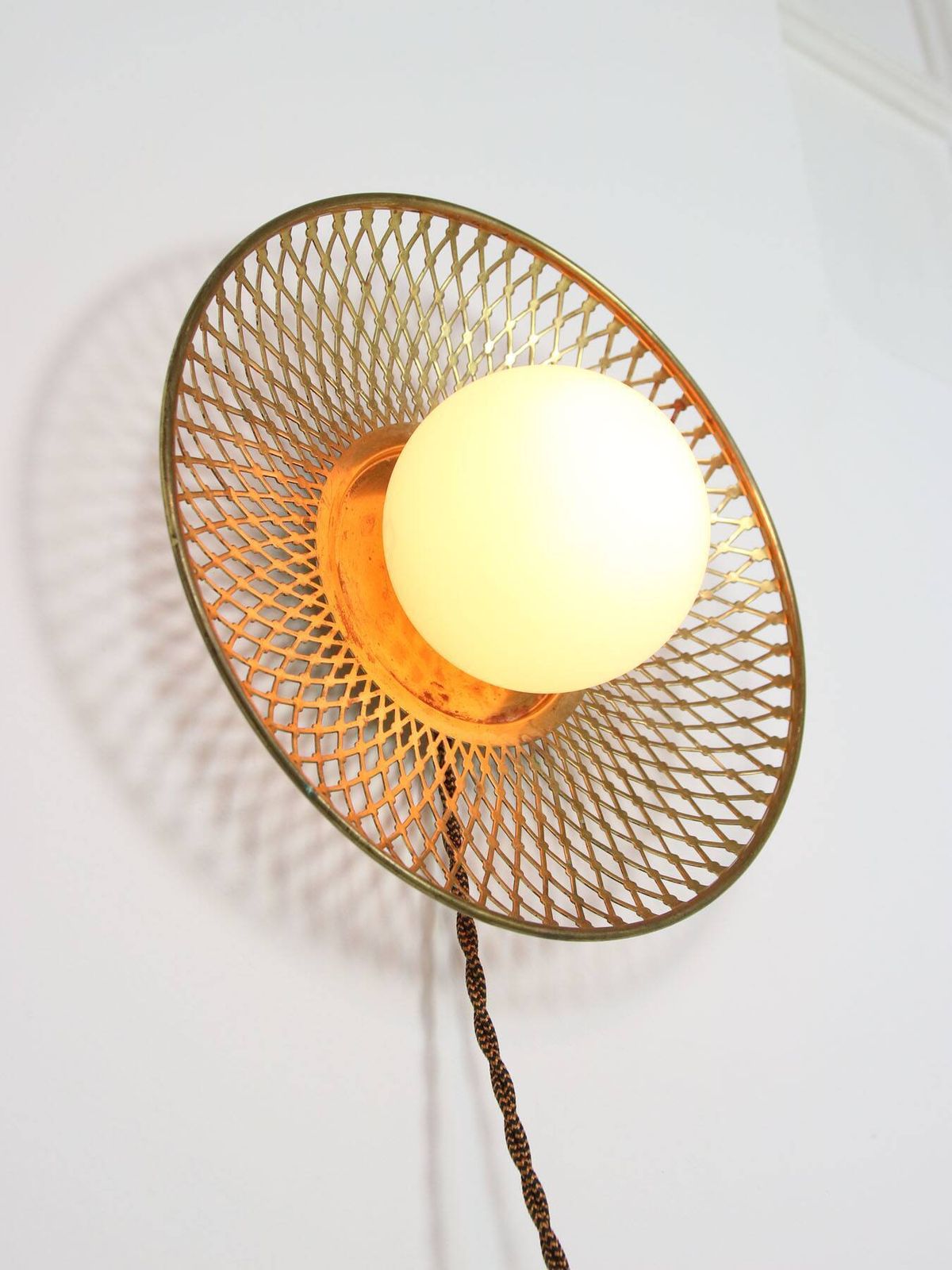 Lighting Mid Century Intricate Wall Lamp In Brass And Opaline Glass, 1950s photo
