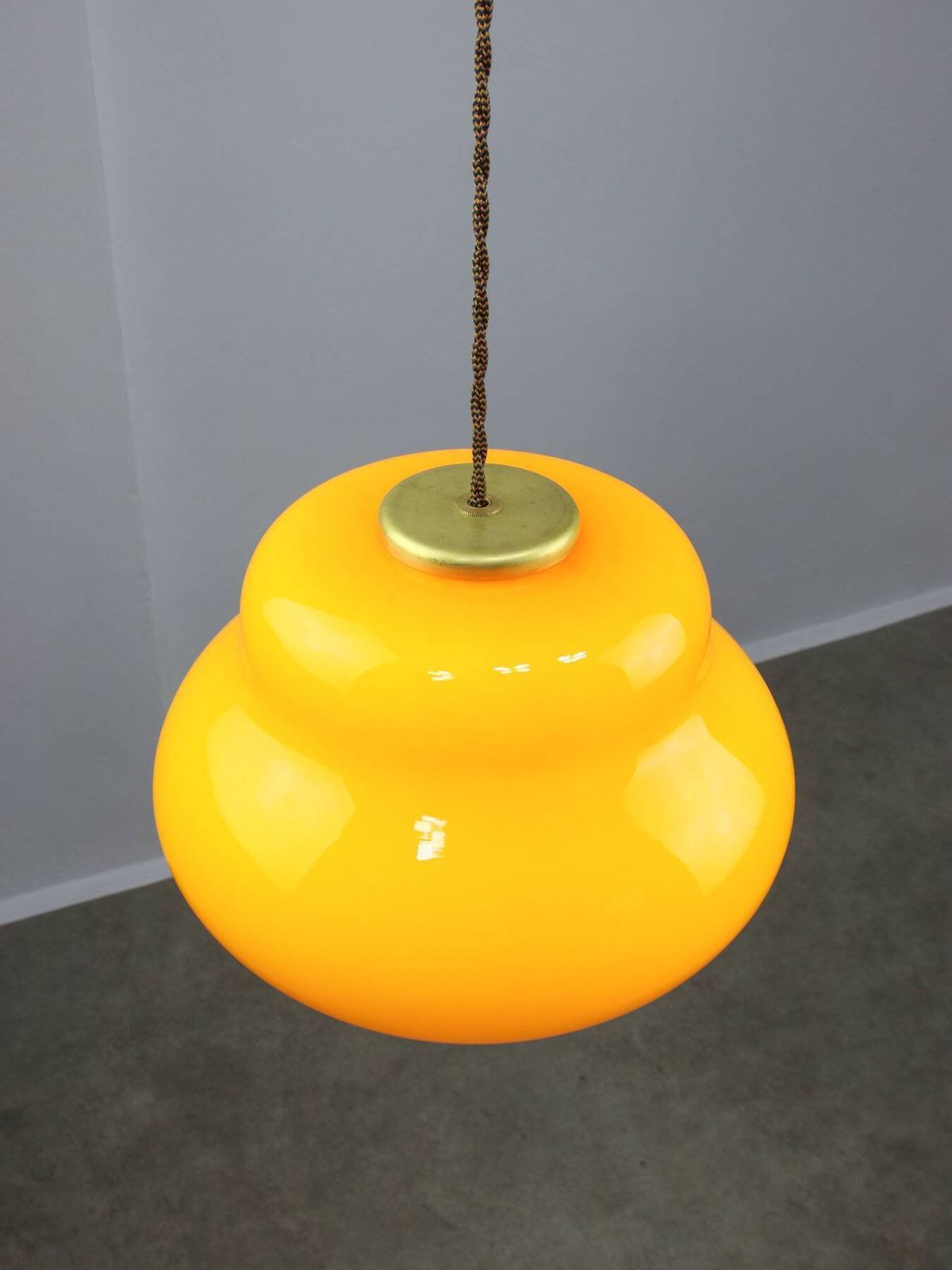 photo for sale Mid Century Italian Yellow Glass And Brass Pendant Lamp