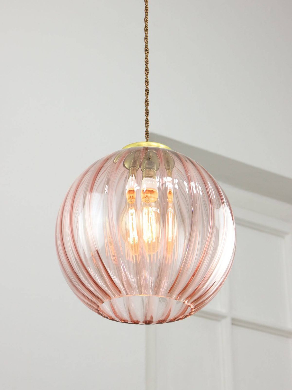 Mid Century Italian Pink Glass And Brass Pendant Lamp photo for sale