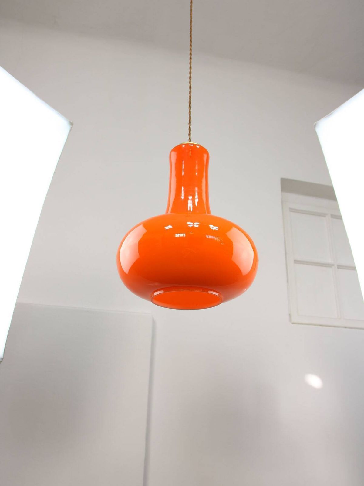 Mid Century Italian Orange Glass And Brass Pendant Lamp photo Lighting