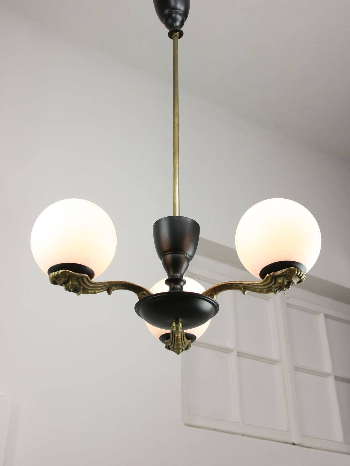 Art Deco French Brass And Opaline Chandelier, 1930 photo 1262.0