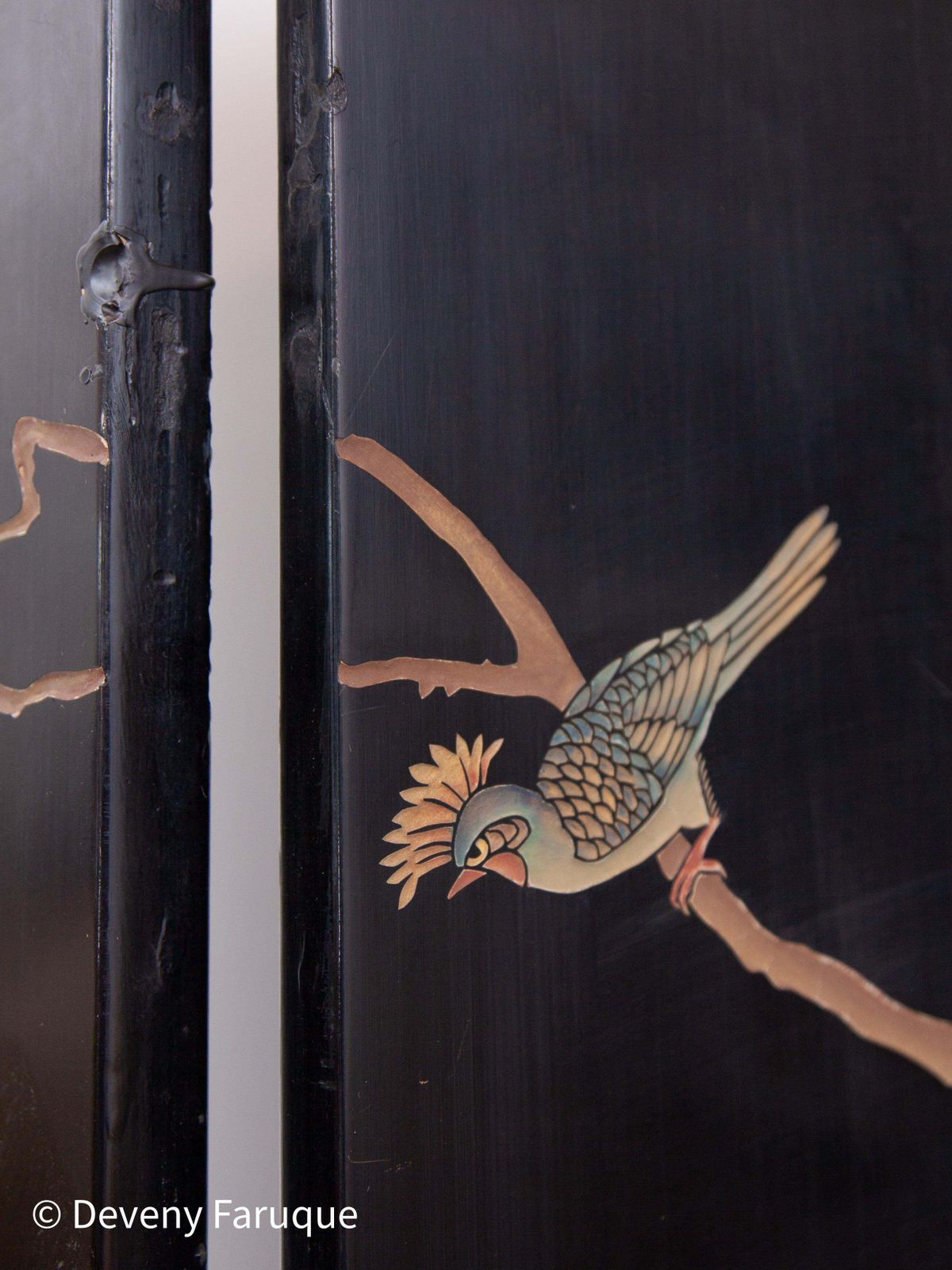 Midcentury Modern Chinese Four Panel Screen, Roomdivider With Landscape & Birds photo vinterior