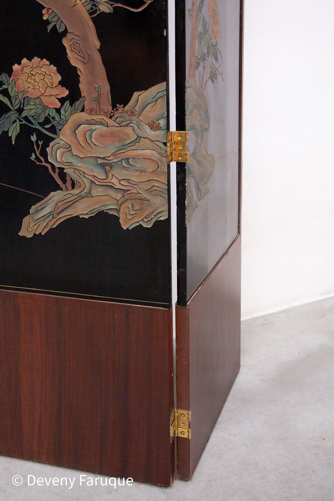 Midcentury Modern Chinese Four Panel Screen, Roomdivider With Landscape & Birds photo vintage
