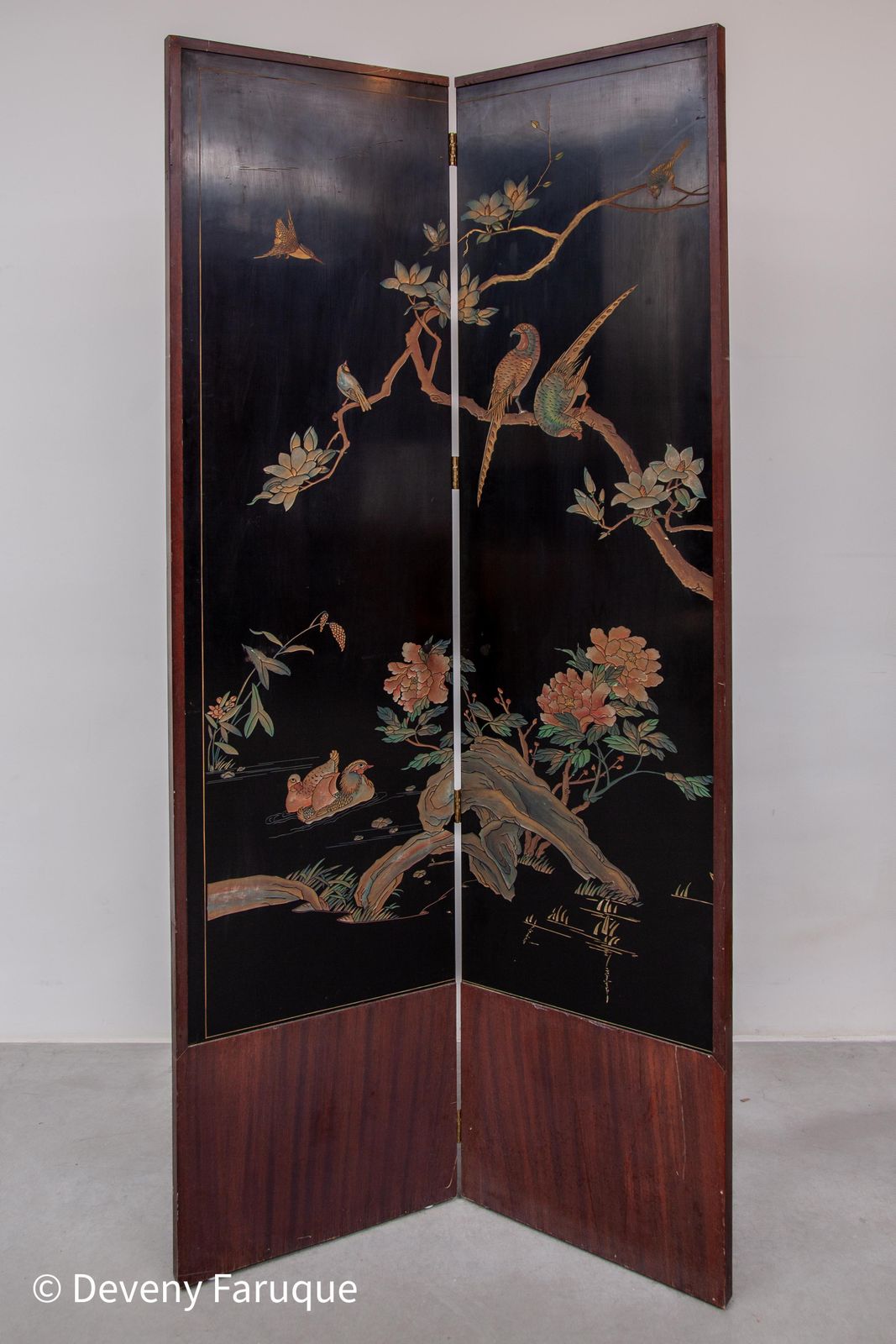 8490.0 Midcentury Modern Chinese Four Panel Screen, Roomdivider With Landscape & Birds photo