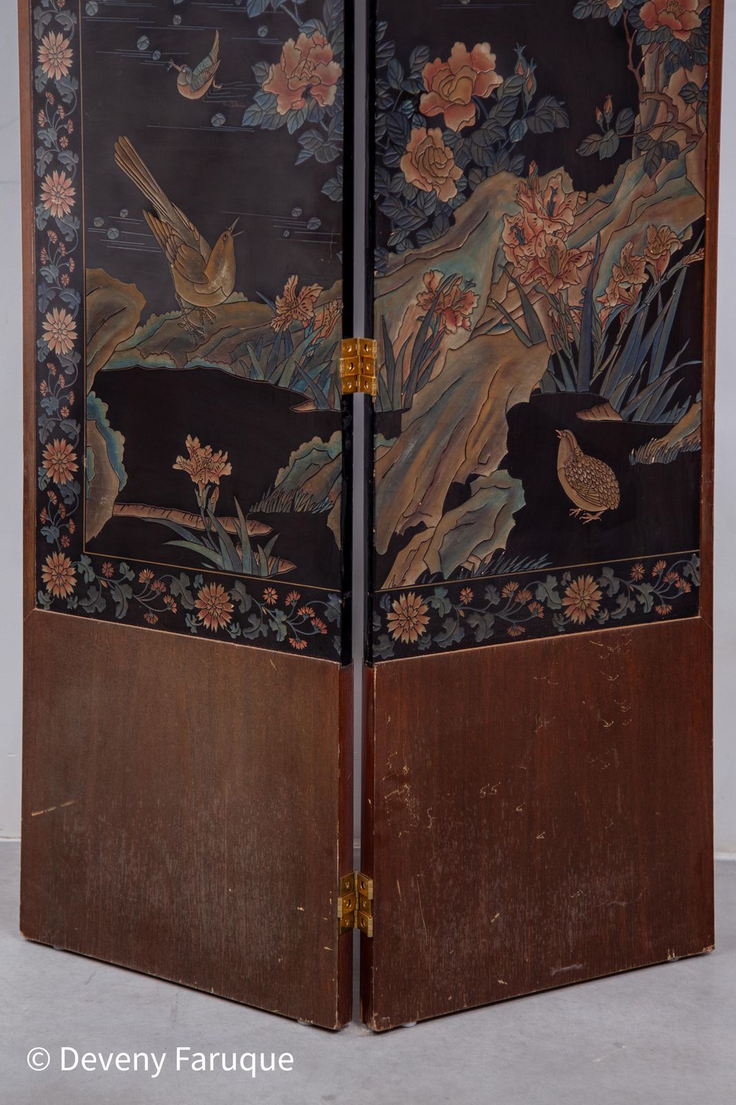 photo vinterior Midcentury Modern Chinese Four Panel Screen, Roomdivider With Landscape & Birds