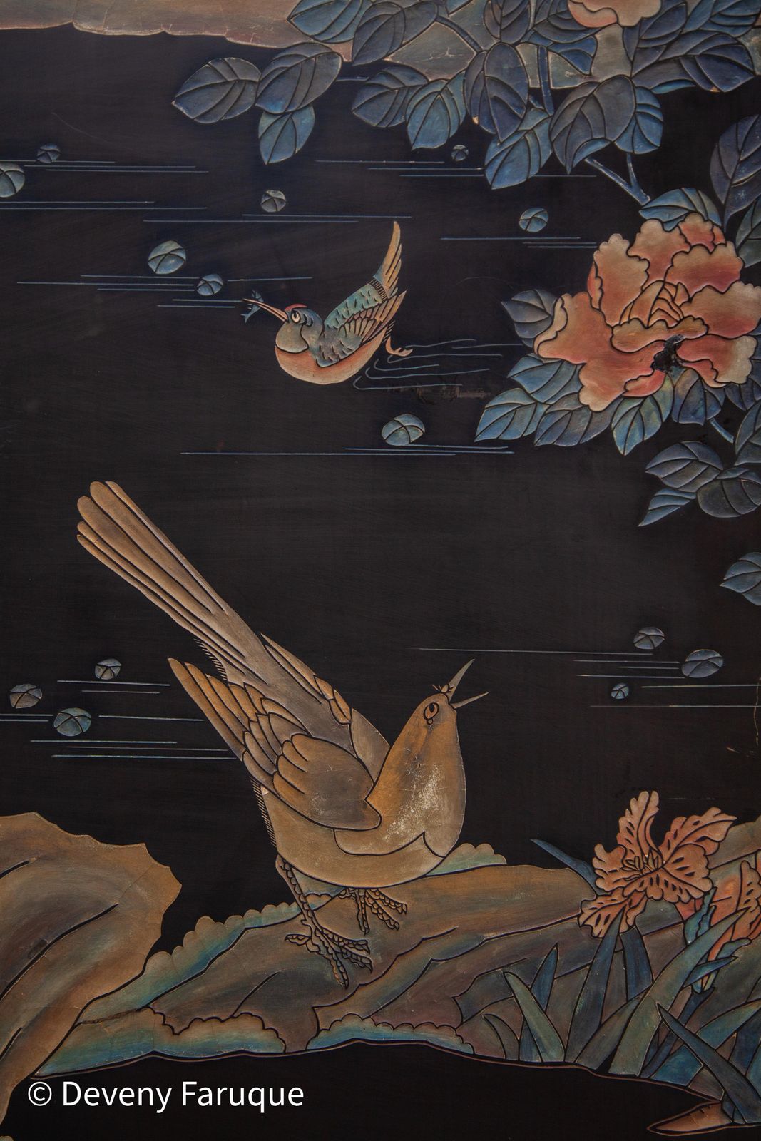 photo vintage Midcentury Modern Chinese Four Panel Screen, Roomdivider With Landscape & Birds