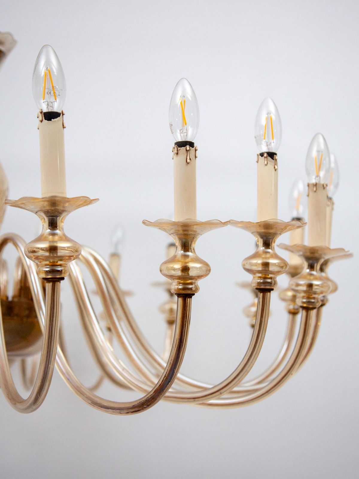 photo buy Hollywood Regency Murano Large Eighteen Arms Amber Glass Chandelier, 1950s