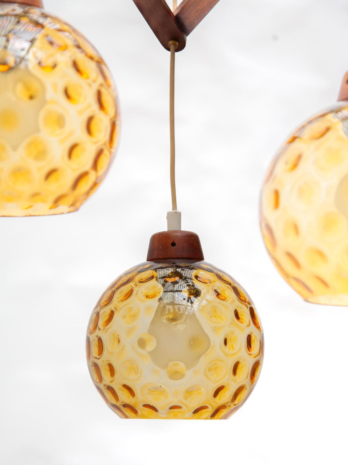 Teak And Amber Glass Bowls Cascade Chandelier Made In Denmark 1950s photo Lighting