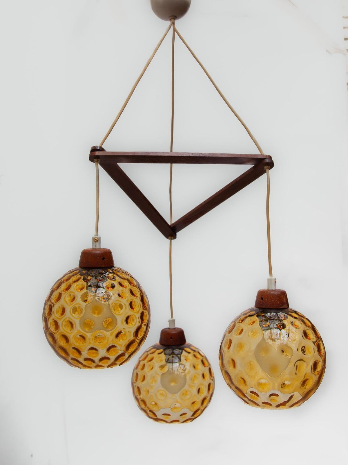 1166.0 Teak And Amber Glass Bowls Cascade Chandelier Made In Denmark 1950s photo