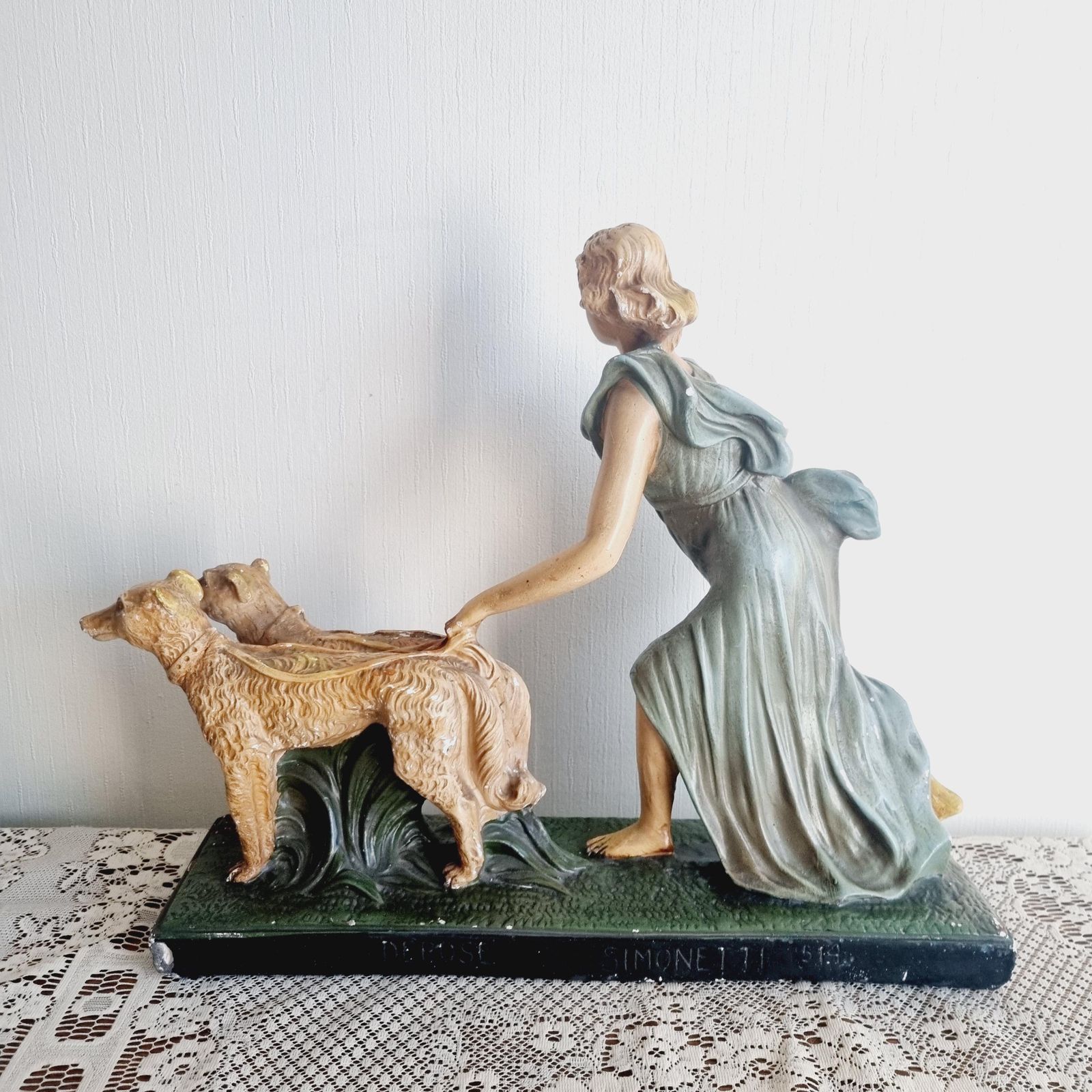 Very Large Italian Depose Art Deco Lady On Plinth With Dogs Figurine photo vintage