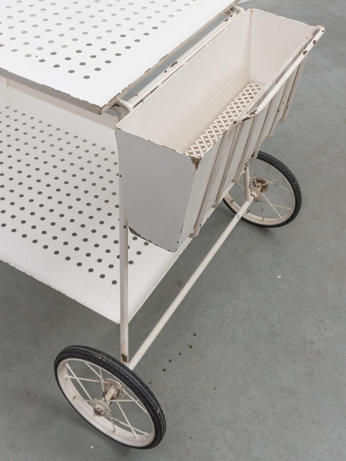 photo vintage Outdoor Serve Table With Sheet Metal Perforated Rectangular Tray, 1950s