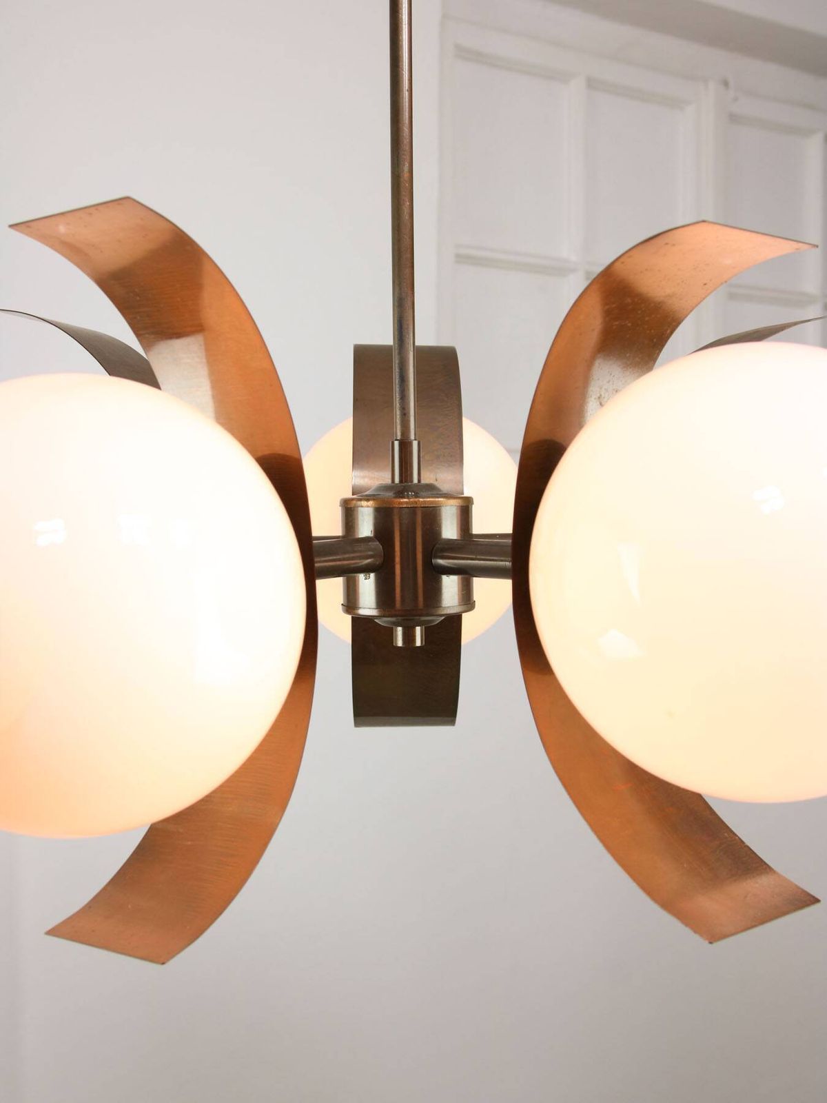Vintage Italian Copper And Opaline Chandelier, 1970s photo for sale