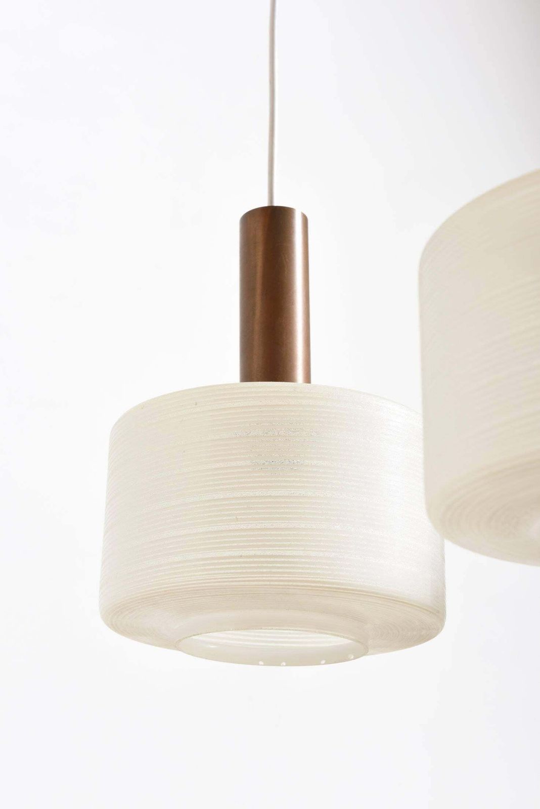 Glass Brass Pendant Three Light Cylinder White Stripe Shades, Tapio Wirkkala photo for sale